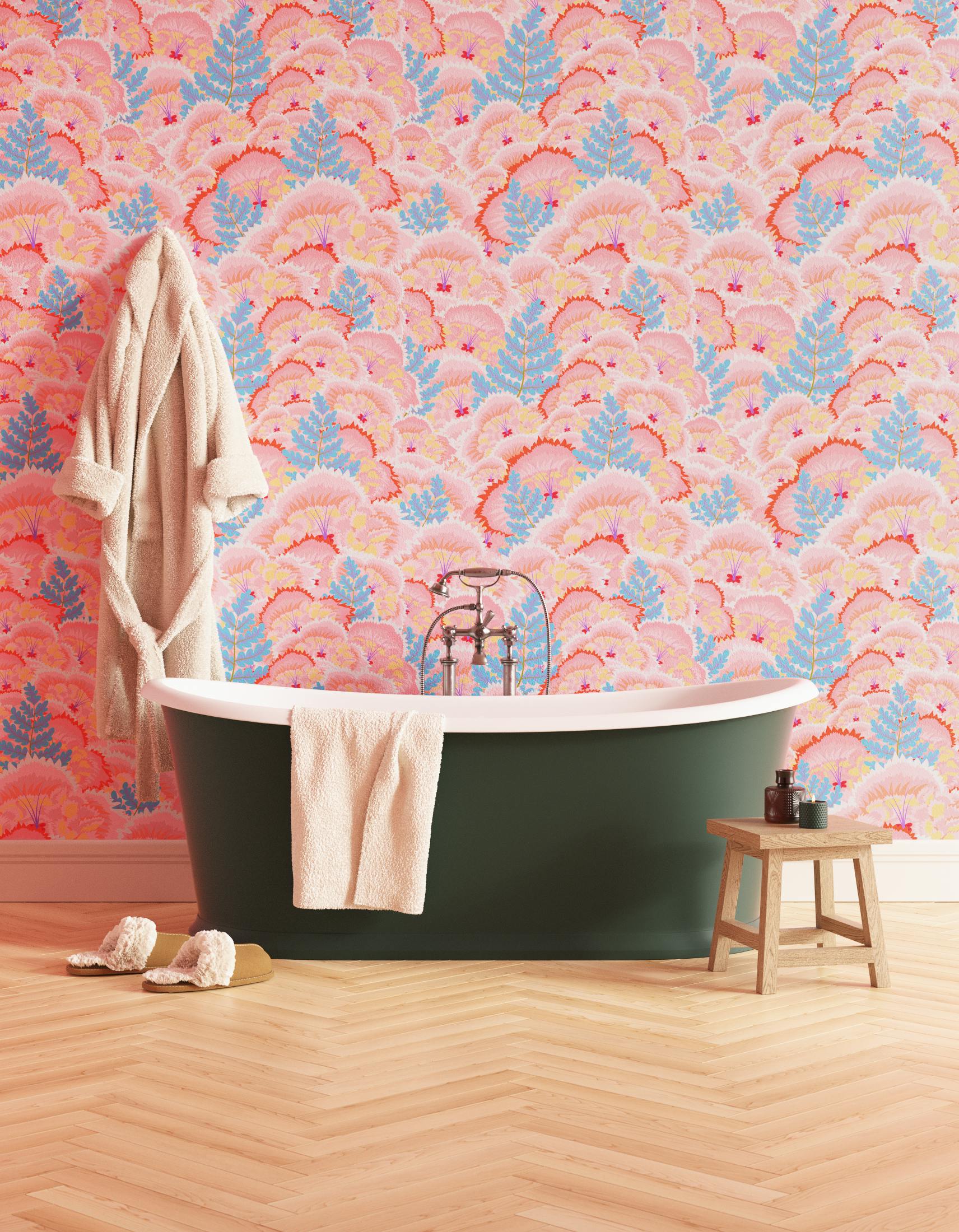 Bathroom decorated with Lick Electric Poppies 01, a pink floral wallpaper