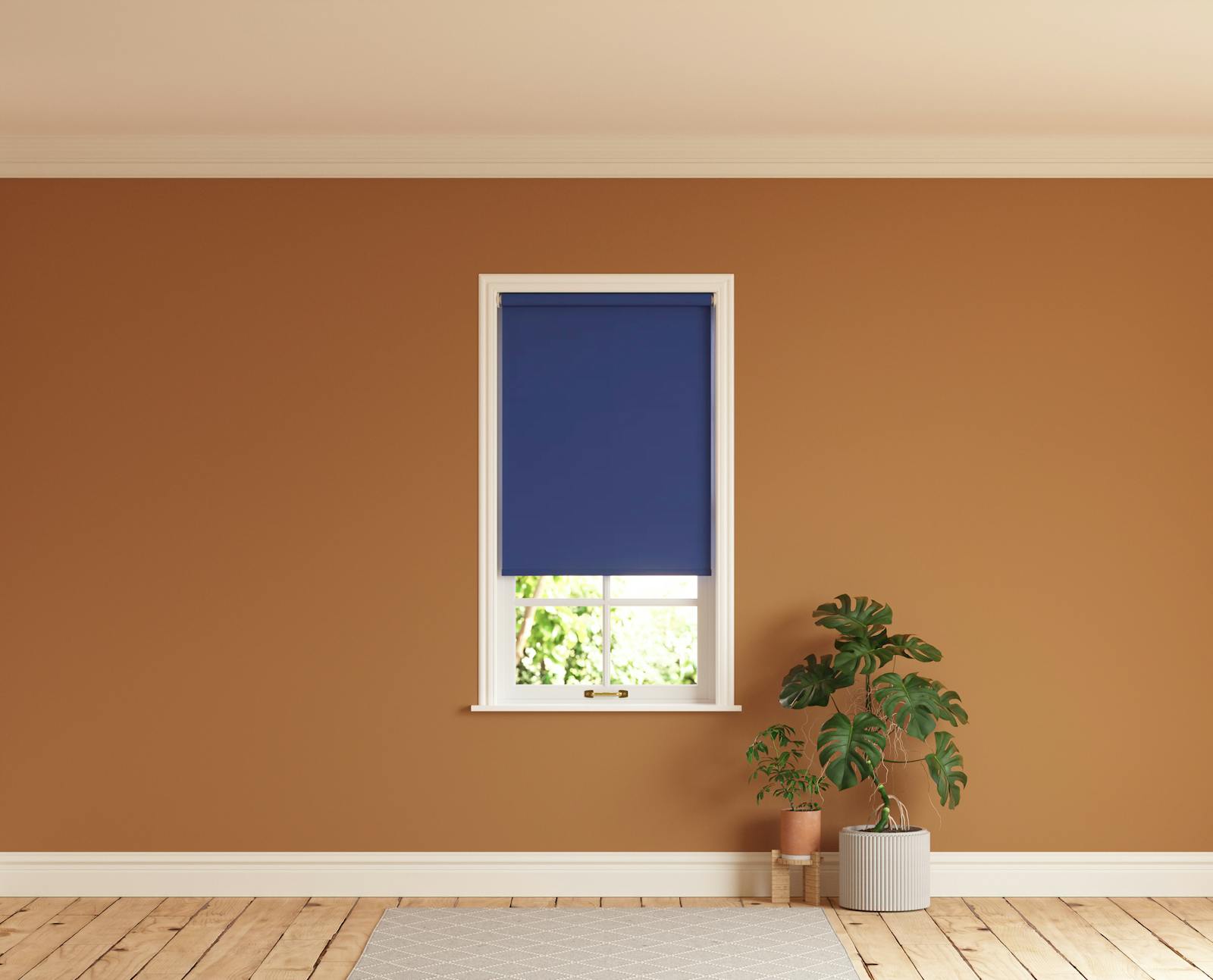 Lick Blue 08 roller blinds against an Orange 02 wall