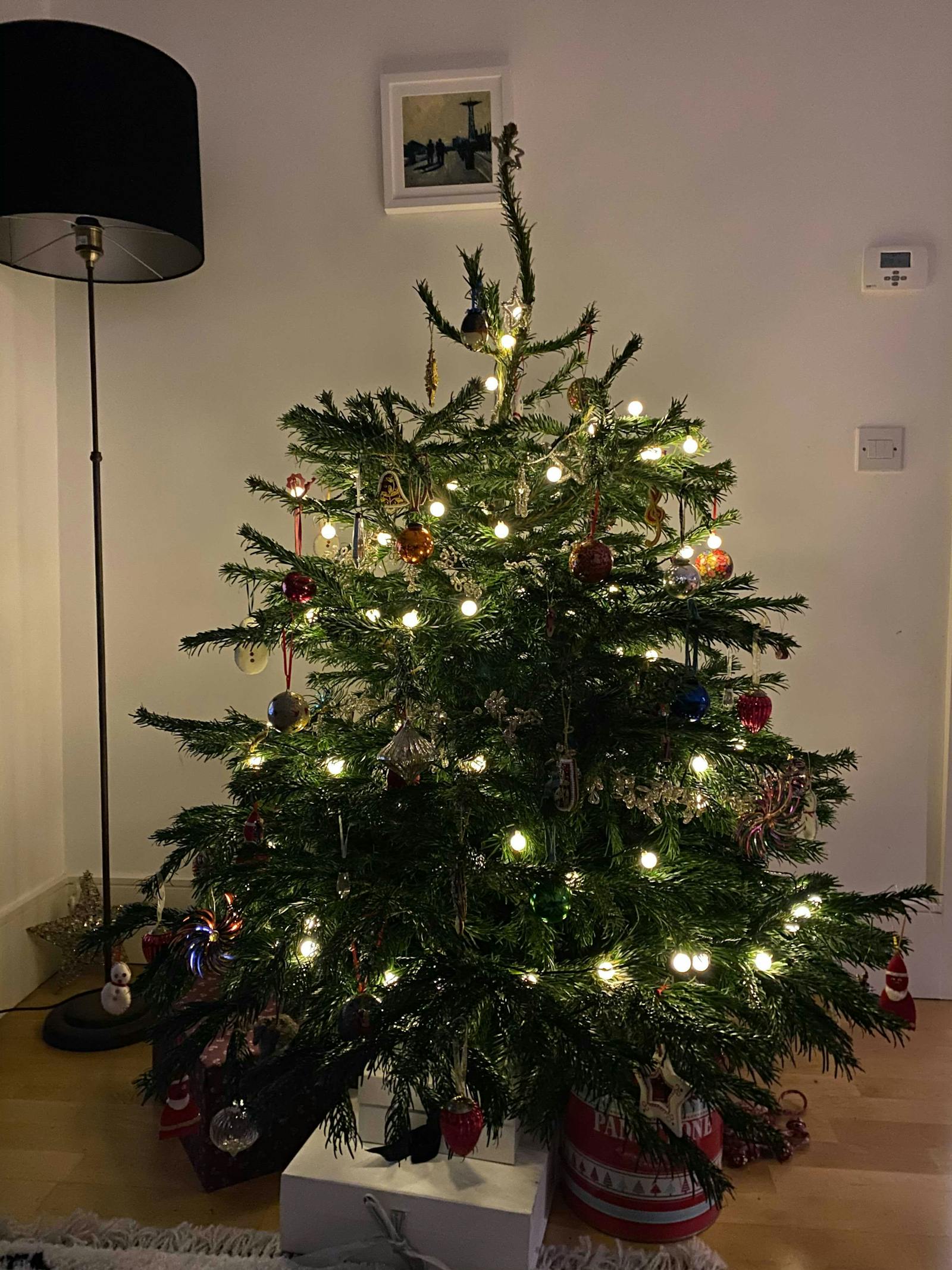 A Christmas tree with classic fairy lights and an assortment of baubles