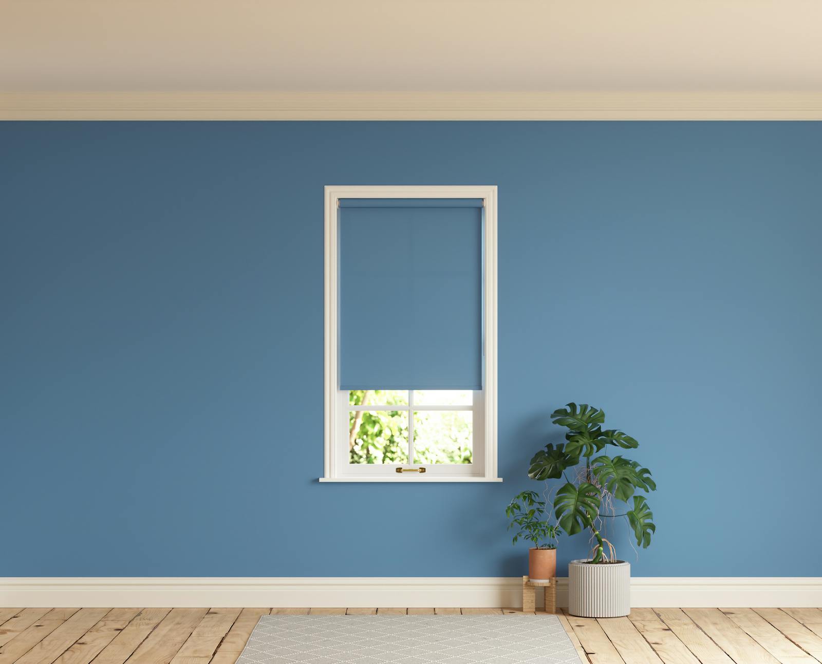 Room with walls painted in Lick Blue 05 and Blue 05 roller blinds
