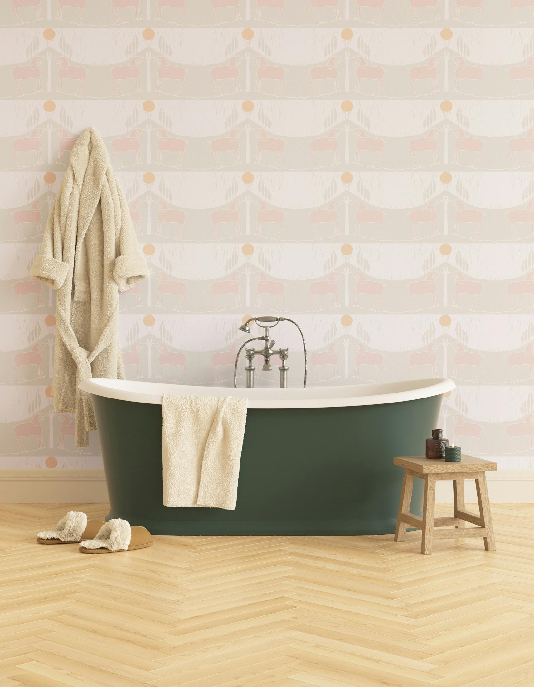 Bathroom decorated with Lick x Annika Reed Western 02 white and mint green animal wallpaper