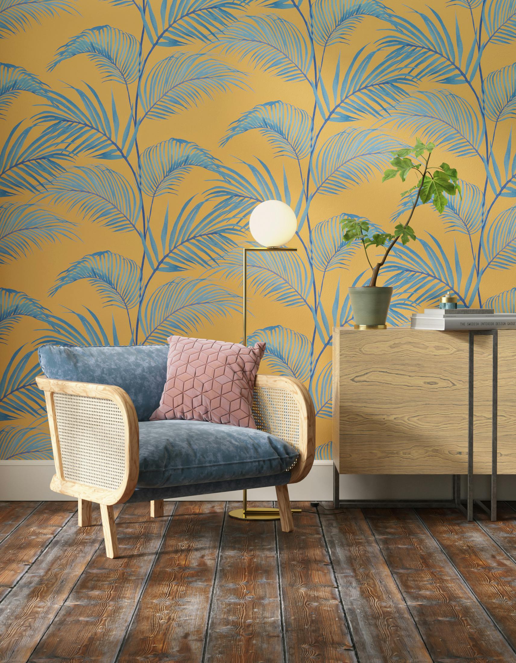 Living room decorated with Lick x Belinda Bayley Jungle 01 orange palm leaf wallpaper