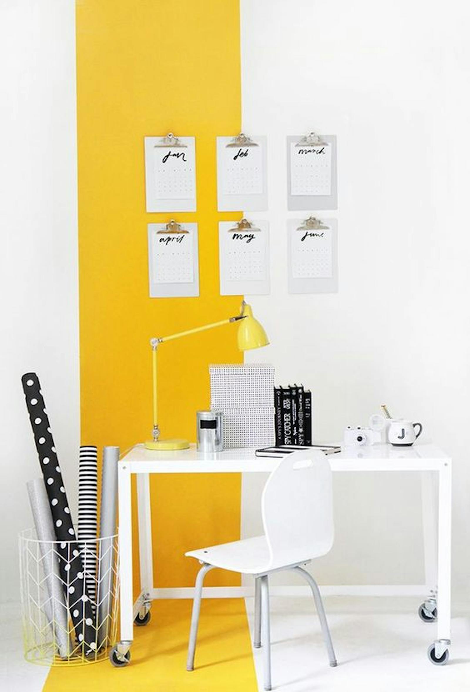 Home office area painted in yellow and white