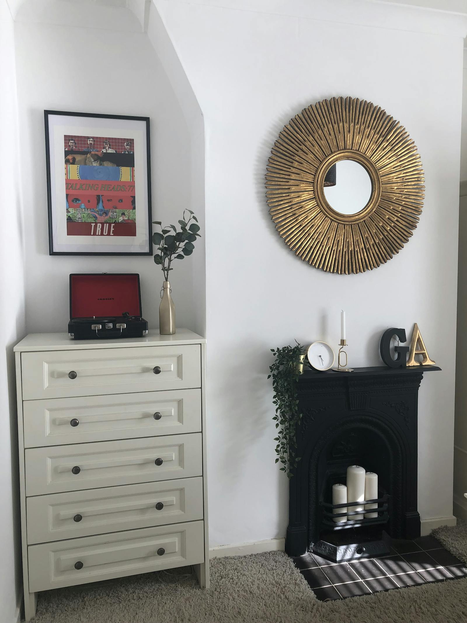 Room corner with a fireplace