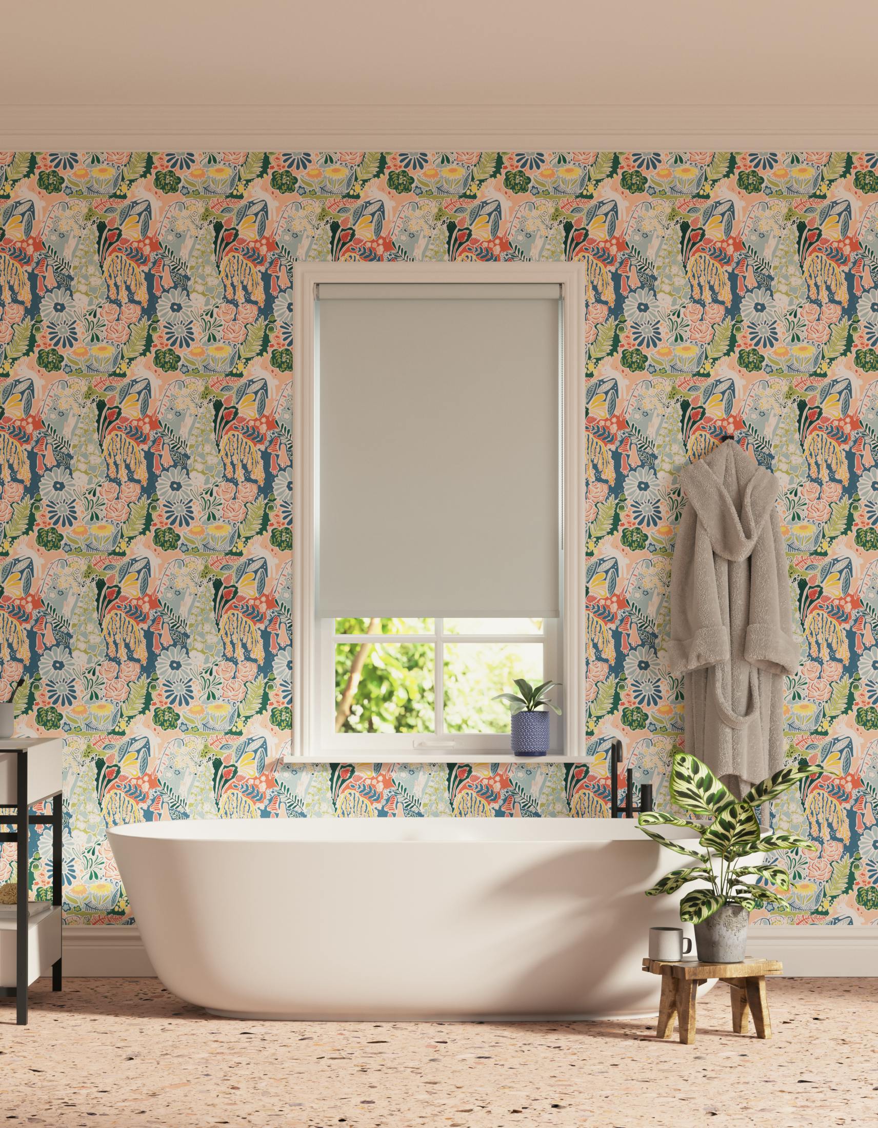 Bathroom decorated with Lick x Franki Barber Enchanted Forest 01 kid's magical rabbit wallpaper