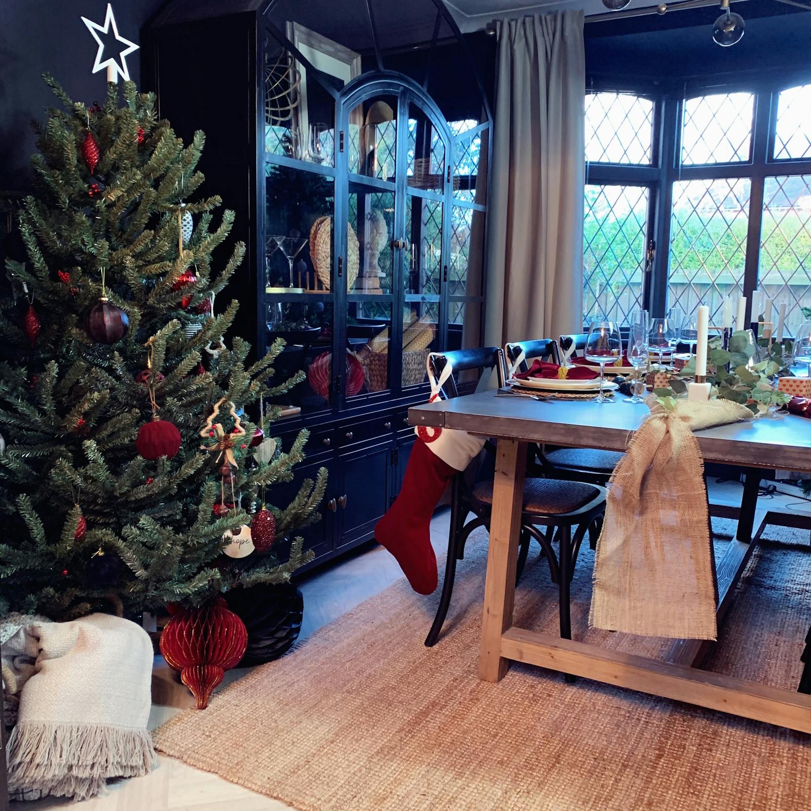 Dining area with Christmas tree and Christmas decorations