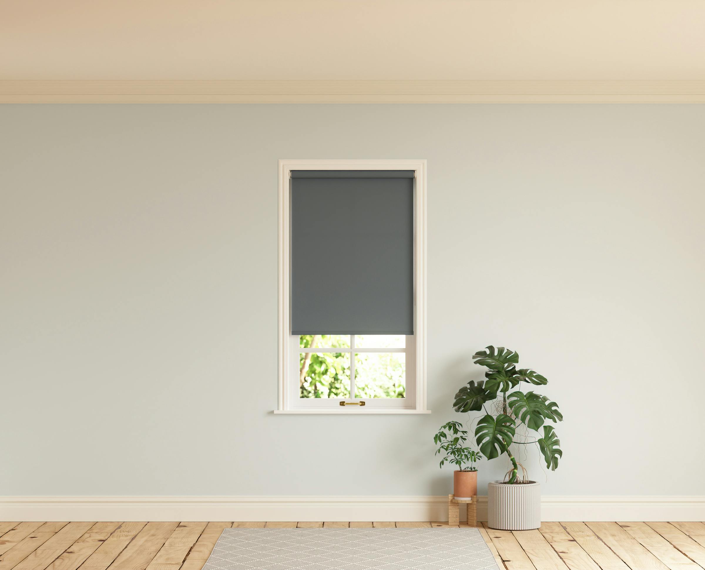 Room with walls painted in Lick Grey 01 and Grey 07 roller blinds