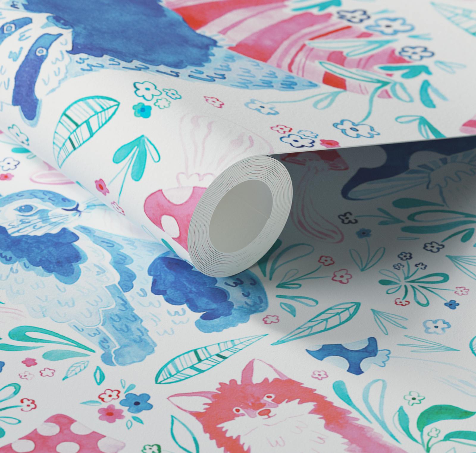 Close up of Lick x Franki Barber Woodland Animals 01 pink and blue children's wallpaper