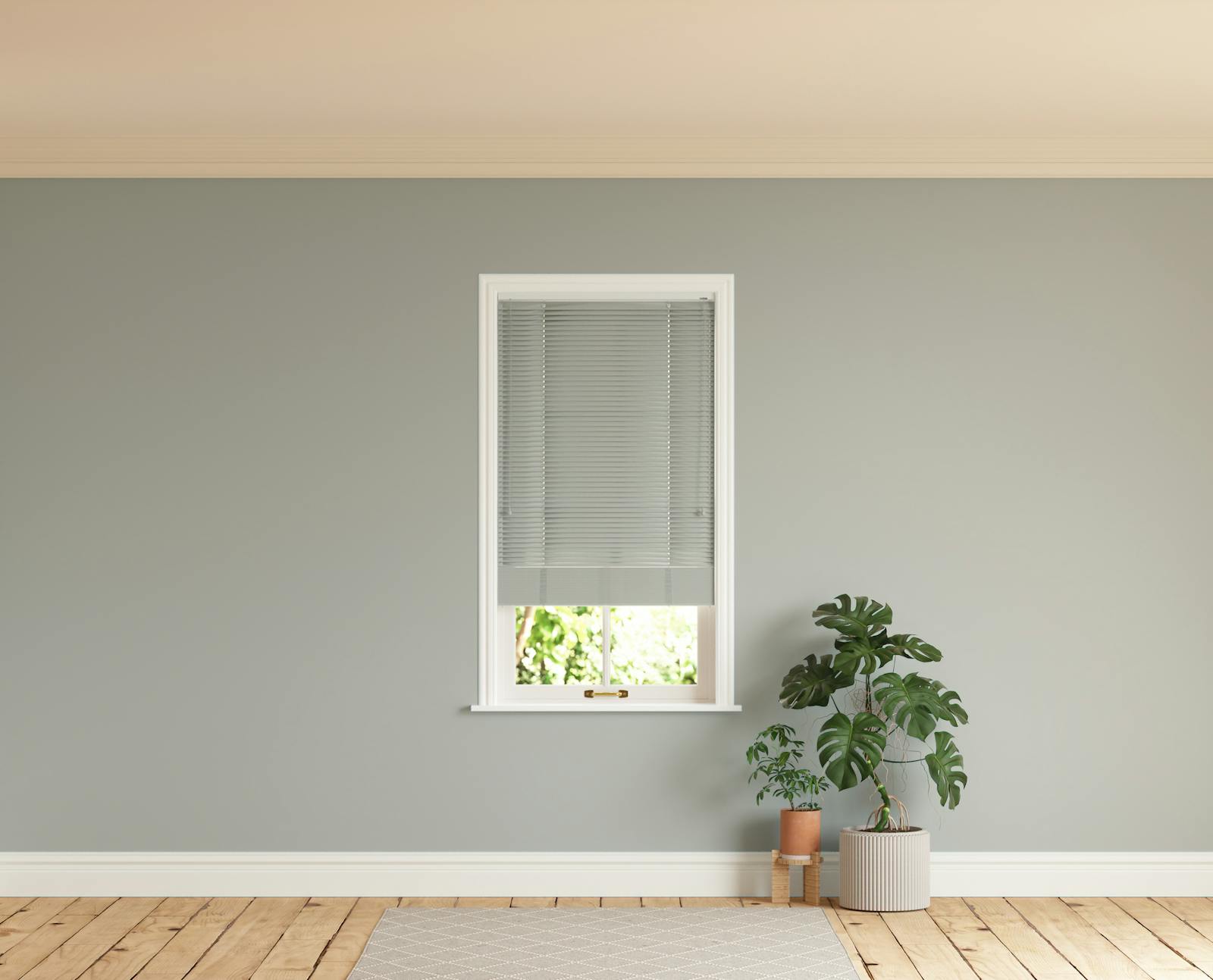 Room with walls painted in Lick Grey 04 and Grey 04 Venetian fine grain blinds