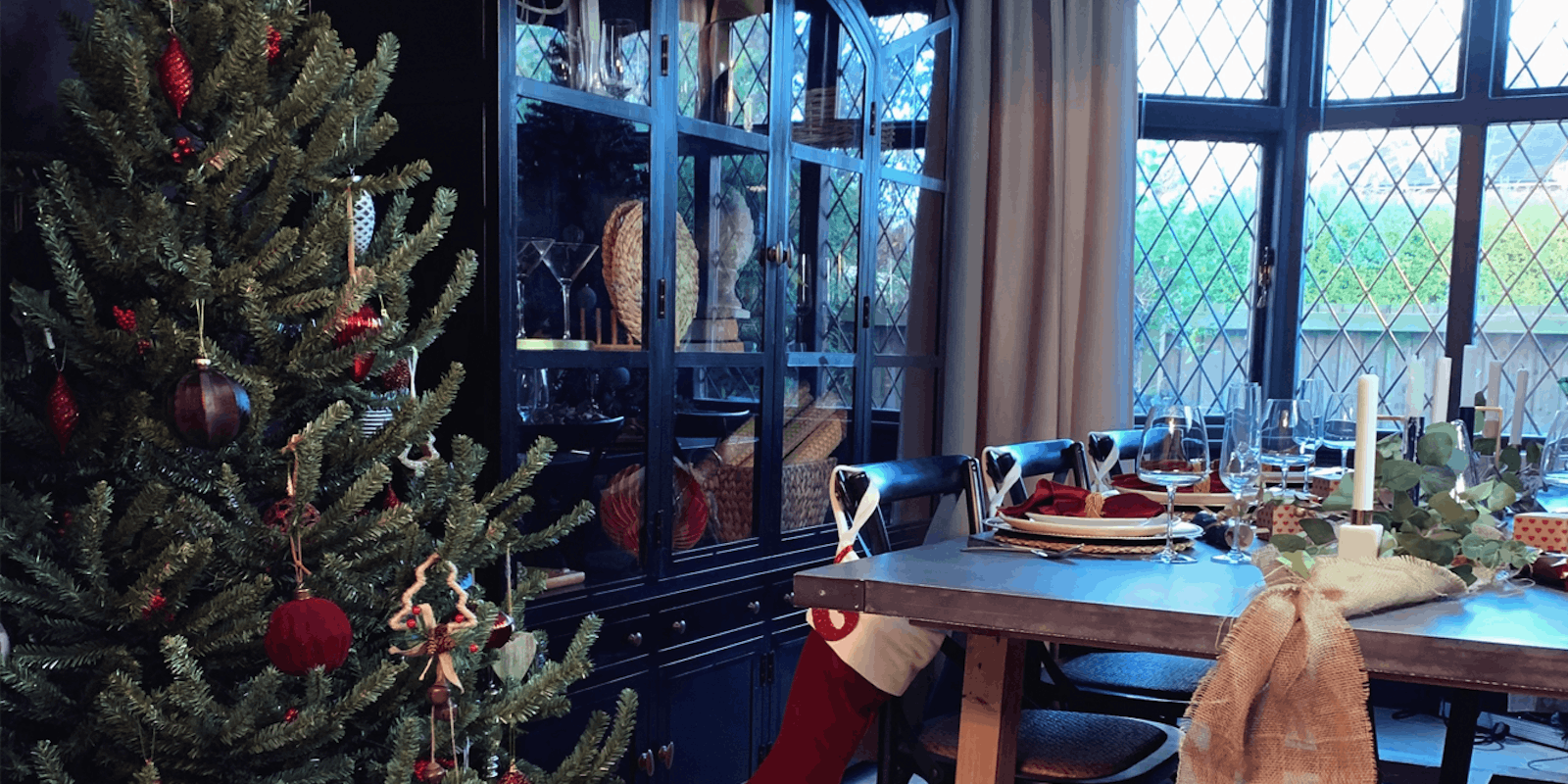 Dining area with Christmas tree and Christmas decorations