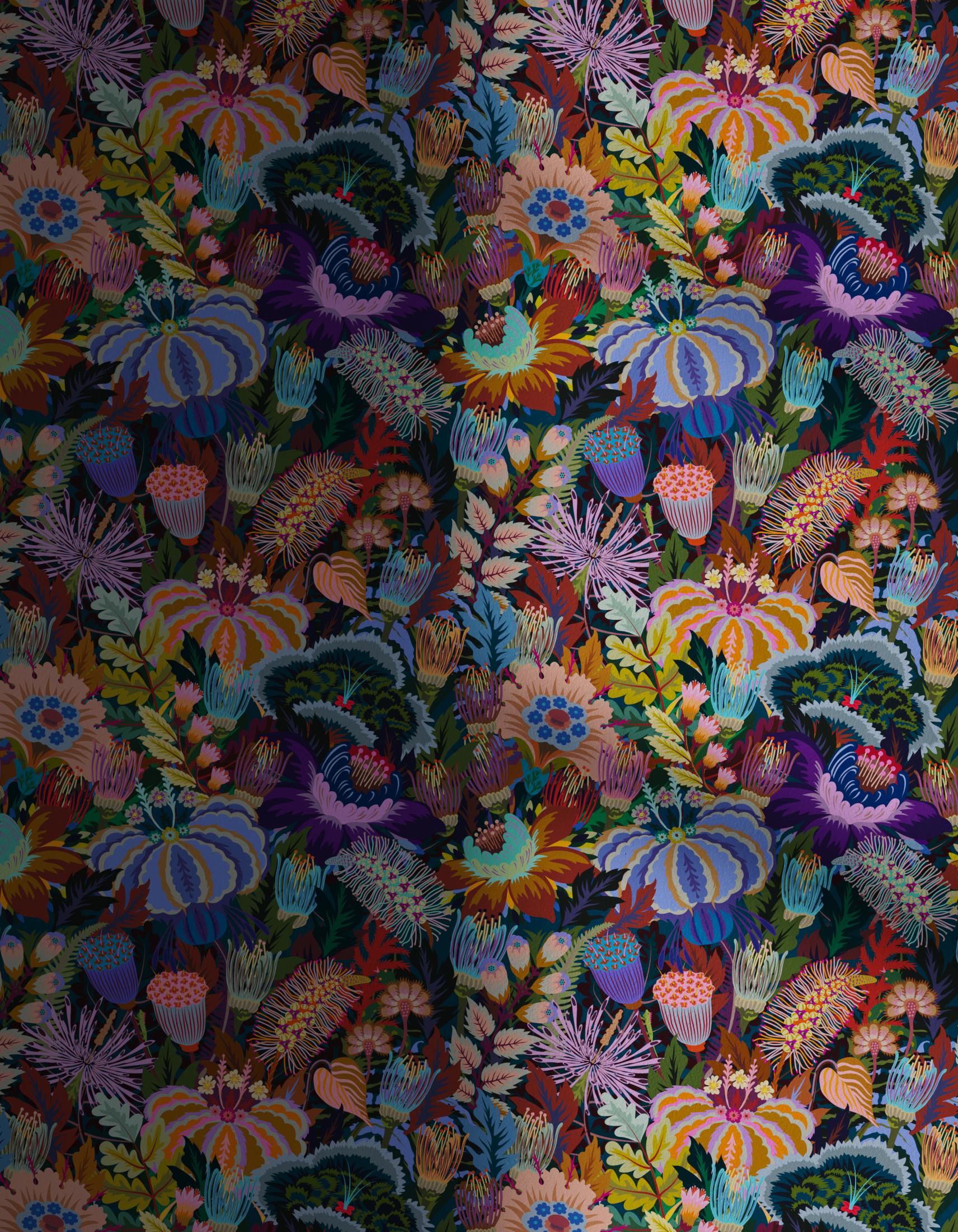 Lick x Natasha Coverdale Mars Meadow floral wallpaper in dark green with shadow