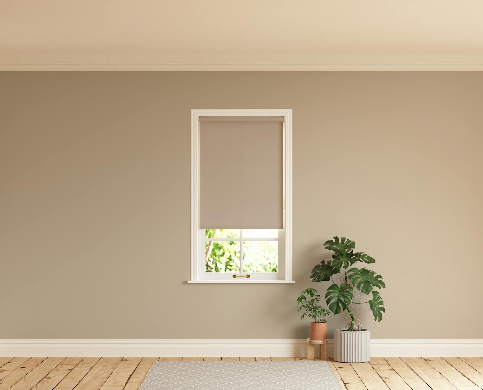 Room with walls painted in Lick Beige 02 and Beige 02 roller blinds