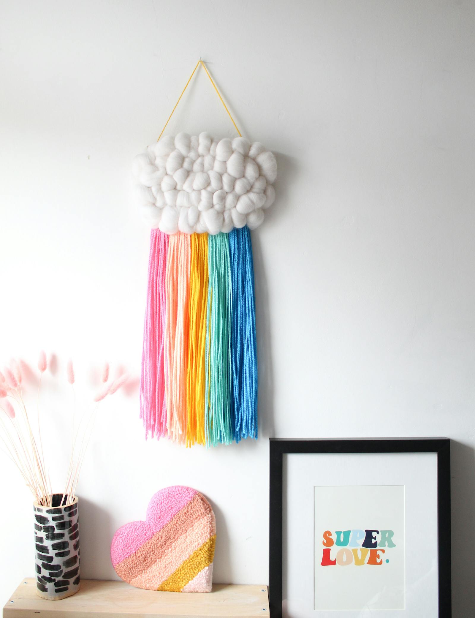 Hanging wall art, textured cloud with rainbow threads