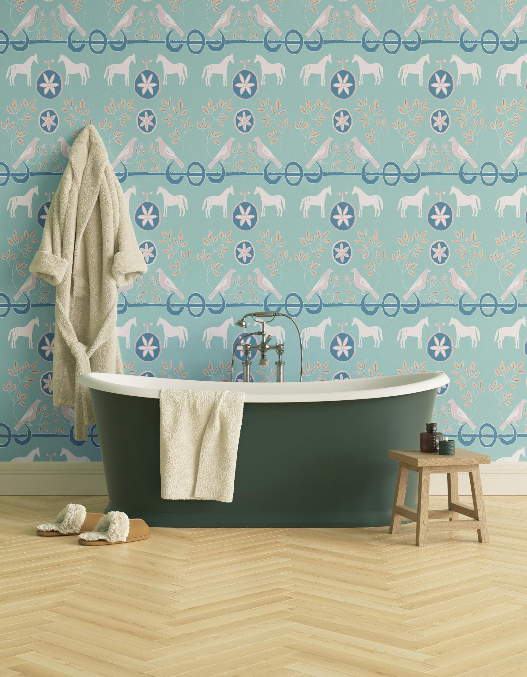 Bathroom decorated with Lick x Annika Reed Dove 02 kid's green dove wallpaper