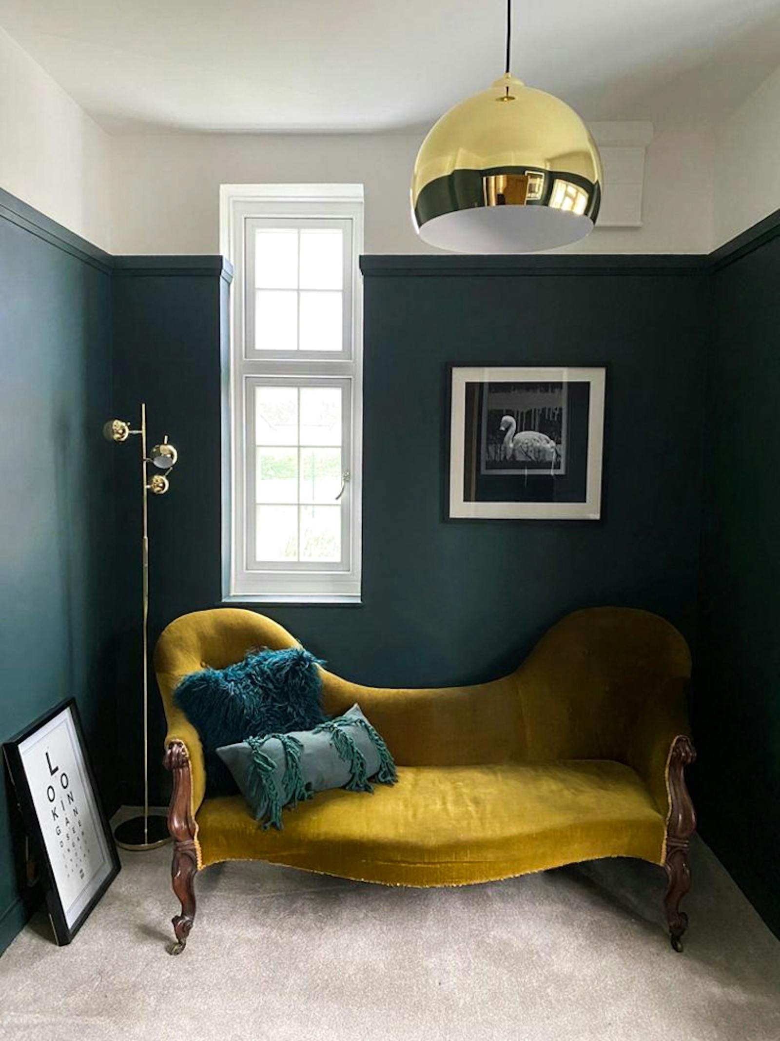 Antique dark mustard sofa in newly renovated room