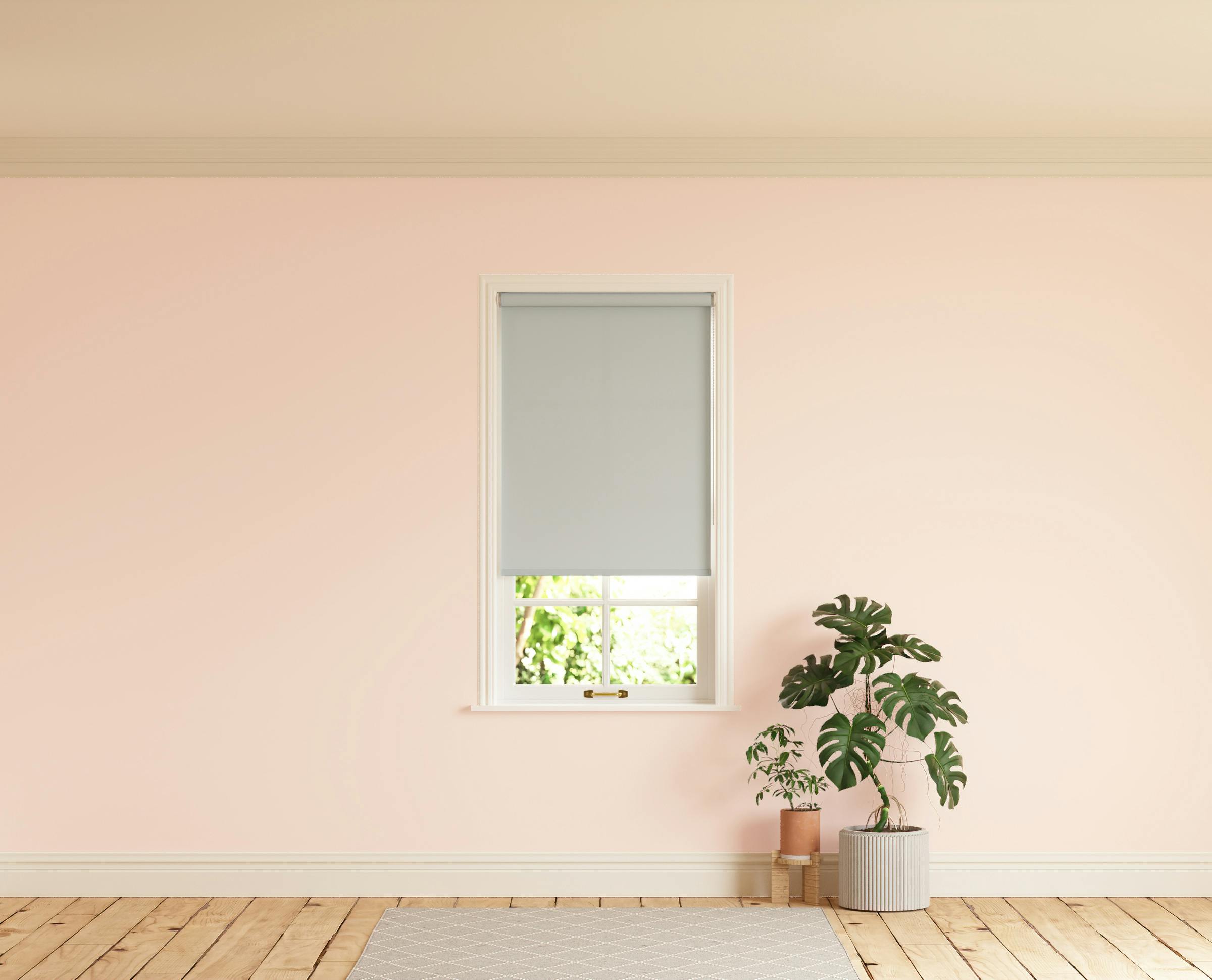 Room with walls painted in Lick Pink 02 and Grey 03 roller blinds