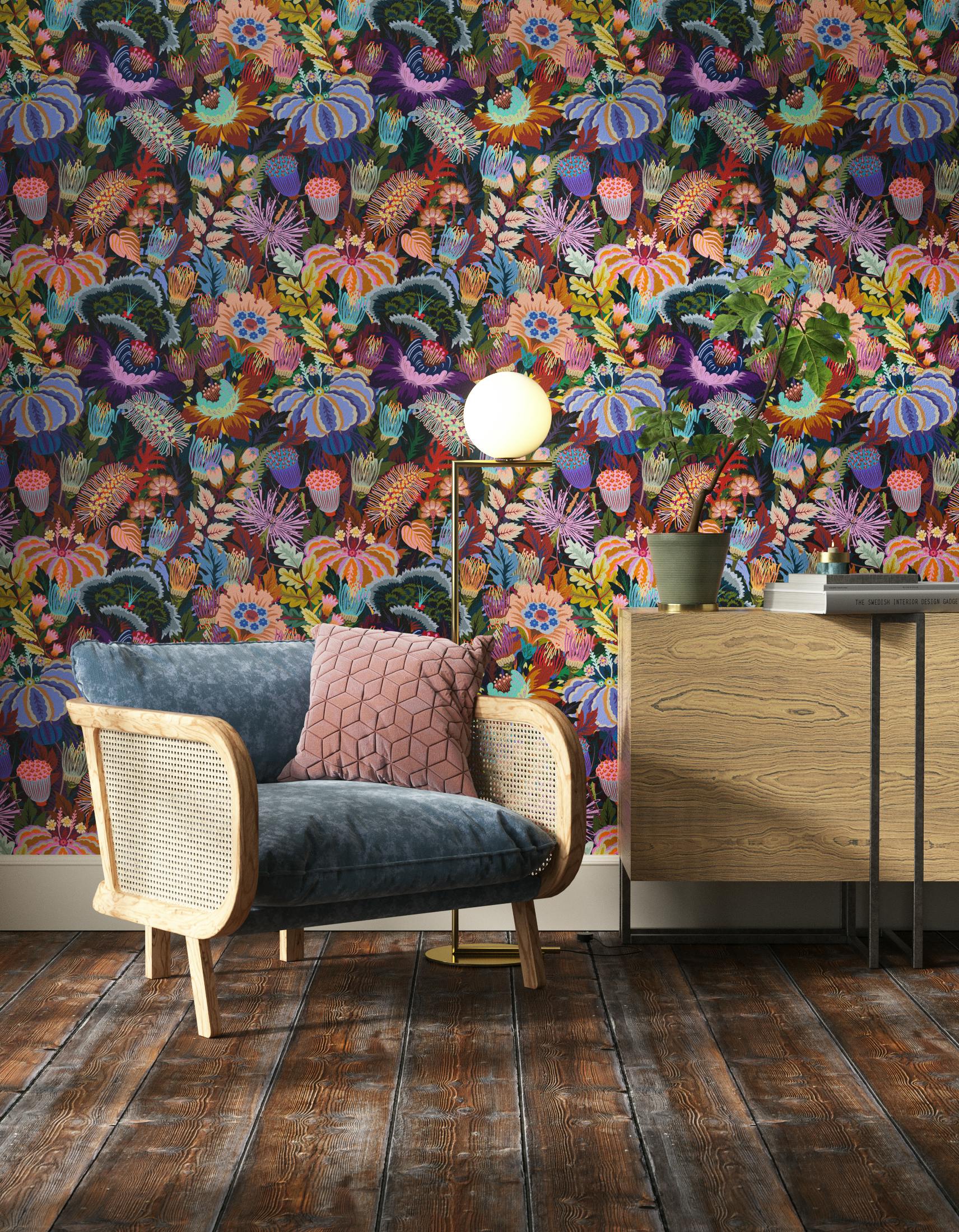 Living room decorated with Lick Mars Meadow 01, a orange floral wallpaper