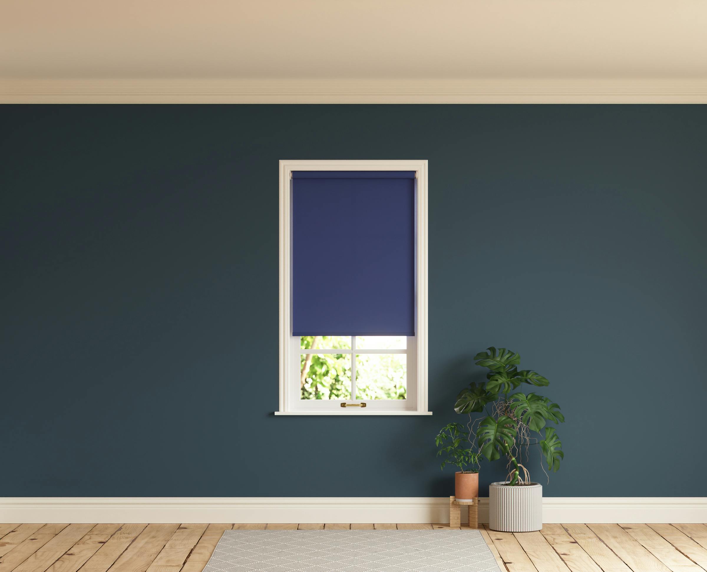 Room with walls painted in Lick Blue 07 and Blue 08 roller blinds