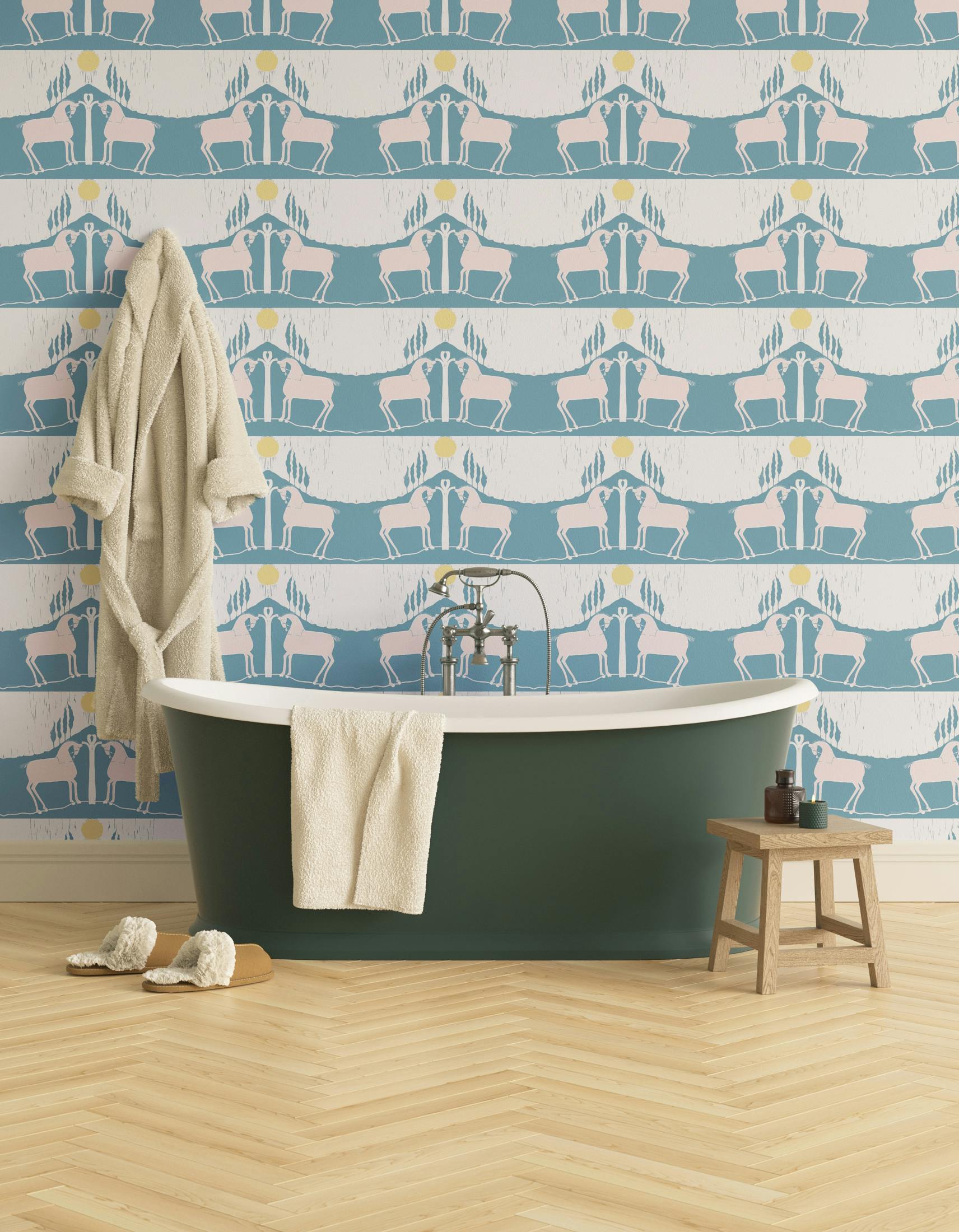 Bathroom decorated with Lick x Annika Reed Western 01 teal and yellow animal wallpaper