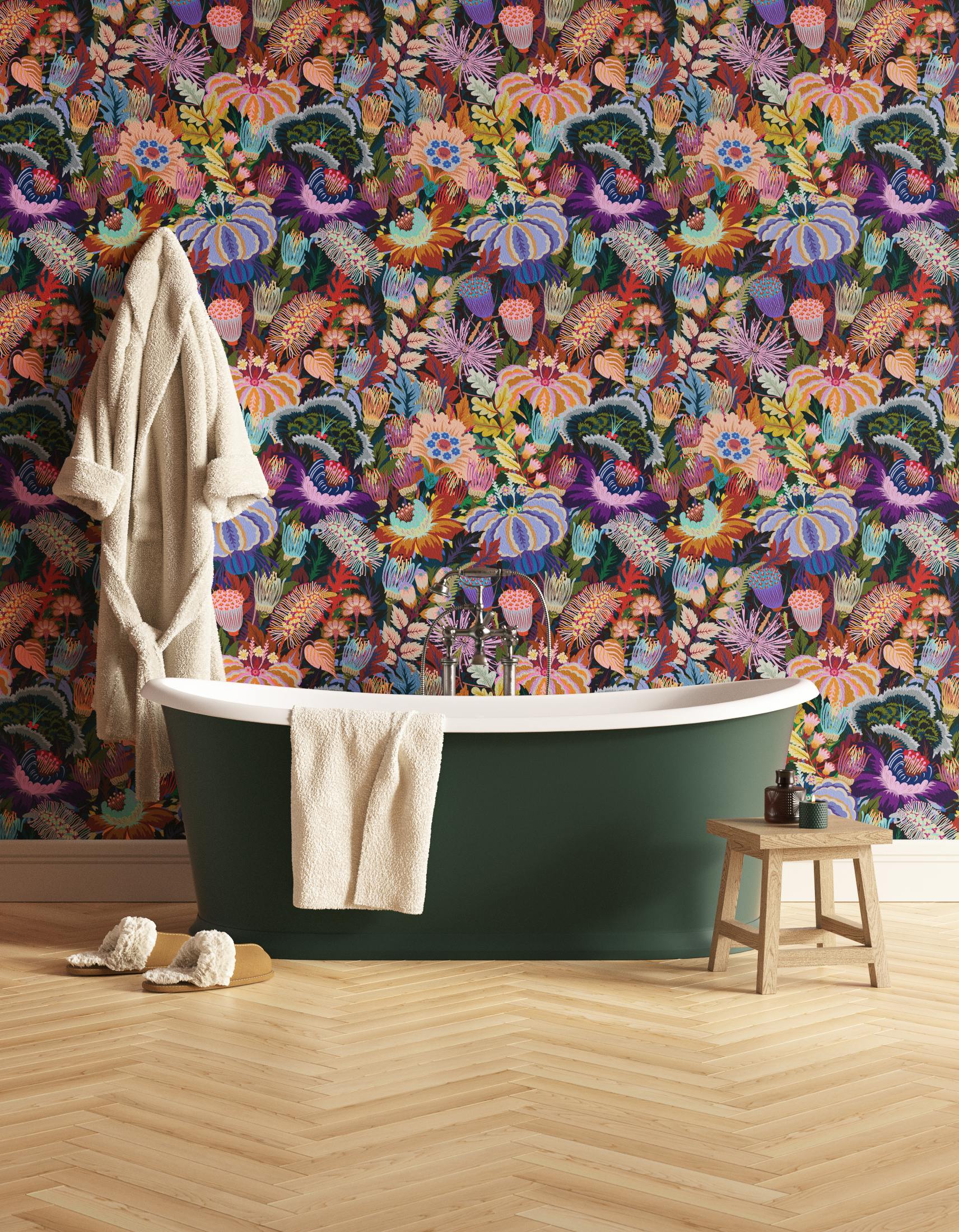 Bathroom decorated with Lick Mars Meadow 01, a dark green floral wallpaper