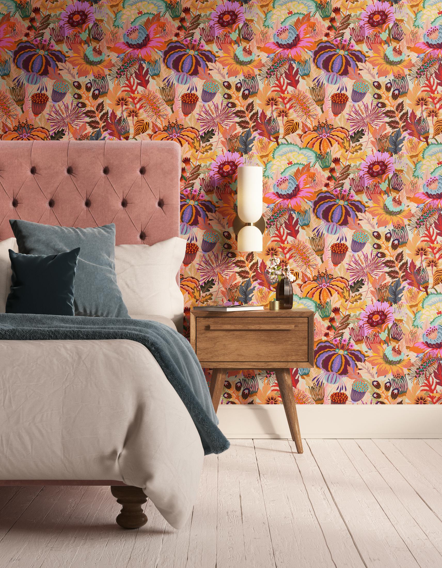 Bedroom decorated with Lick Mars Meadow 02, a orange floral wallpaper