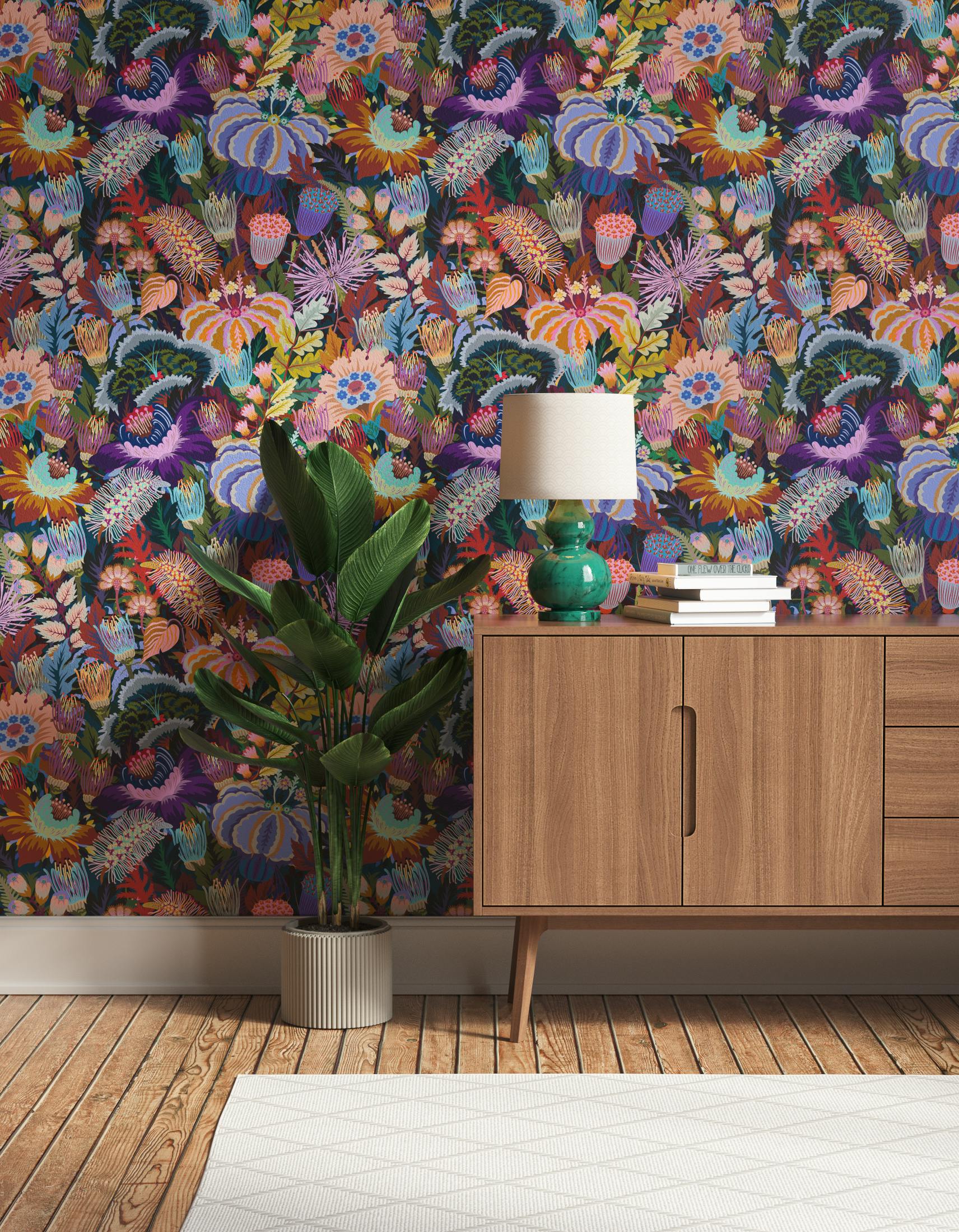Hallway decorated with Lick Mars Meadow 01, a dark green floral wallpaper
