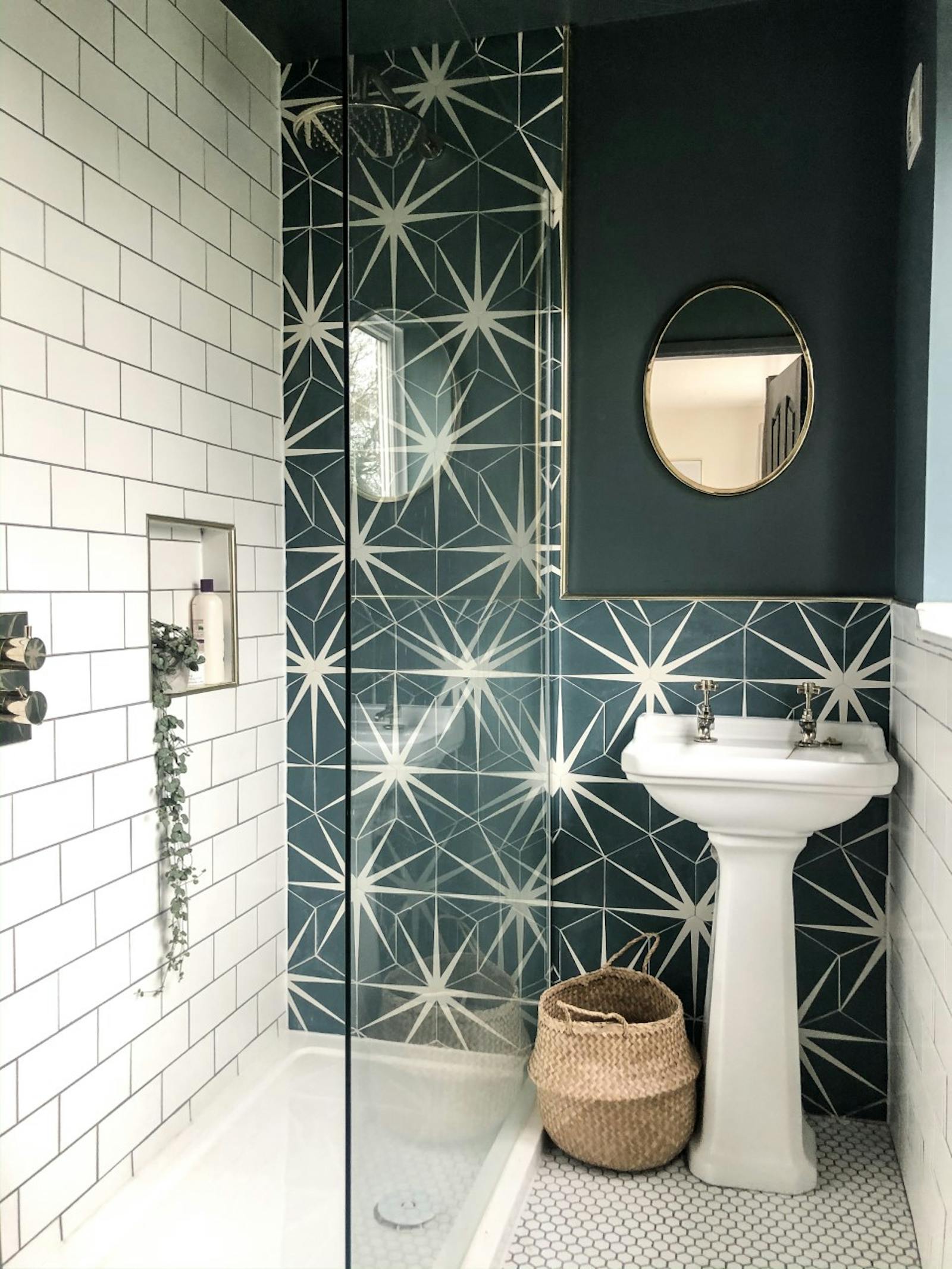 Ensuite painted in teal colour with pattern tiles