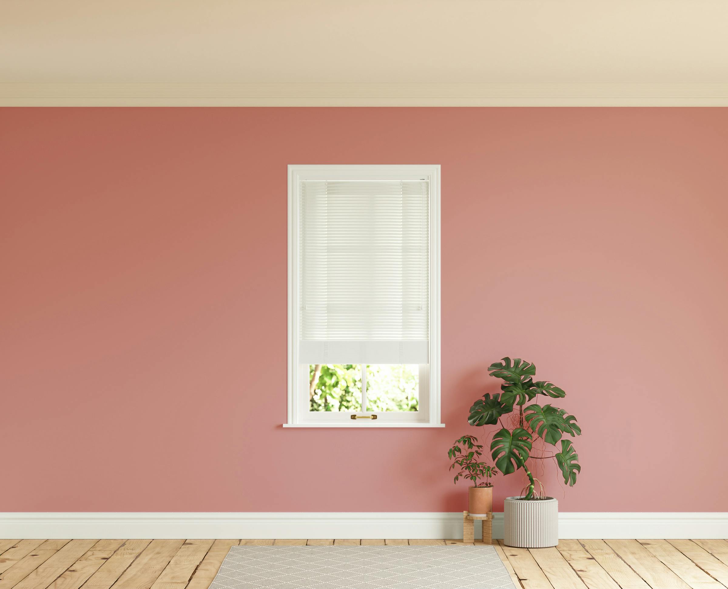 Room with walls painted in Lick Red 03 and White 01 Venetian fine grain blinds