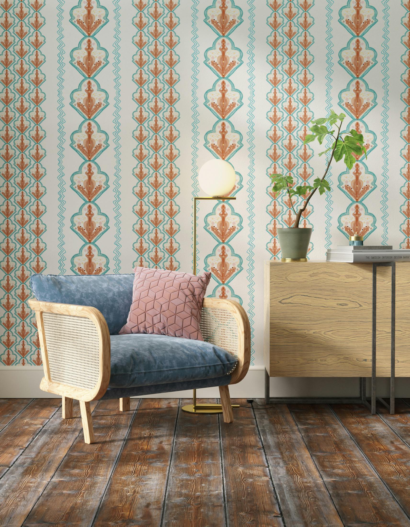Living room decorated with Lick x Lottie McDowell Travelling Tiles 02 orange patterned mosaic wallpaper