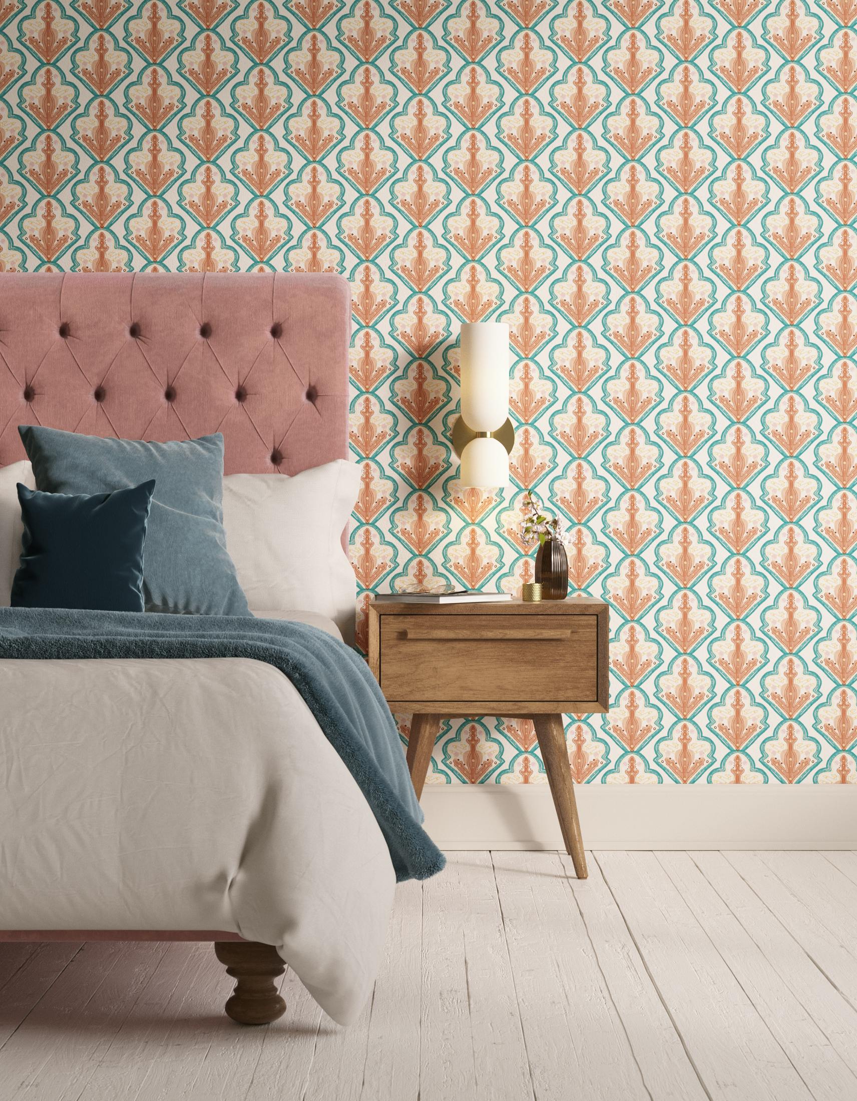 Bedroom decorated with Lick x Lottie McDowell Travelling Tiles 01 mosaic wallpaper