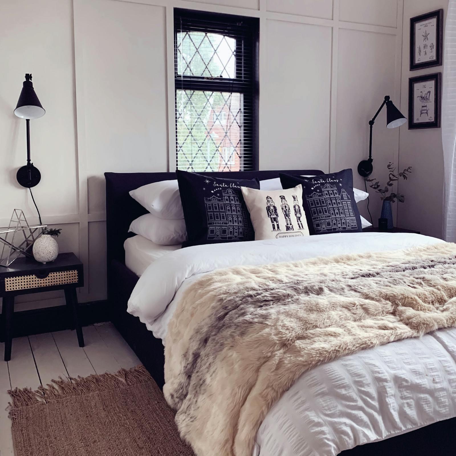 Bedroom with Christmas themed pillows