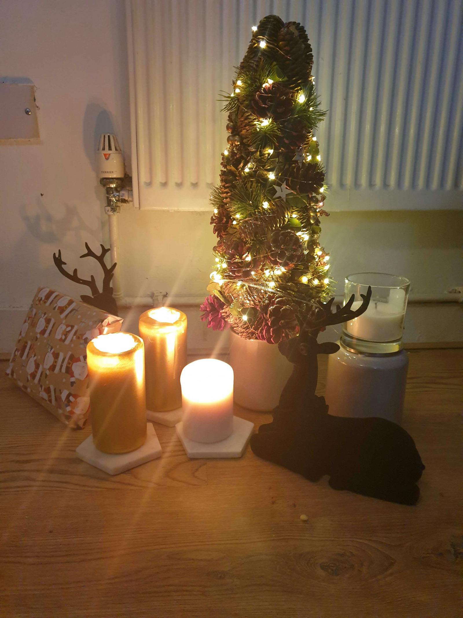 Small Christmas tree decorated in fairy lights and pinecones