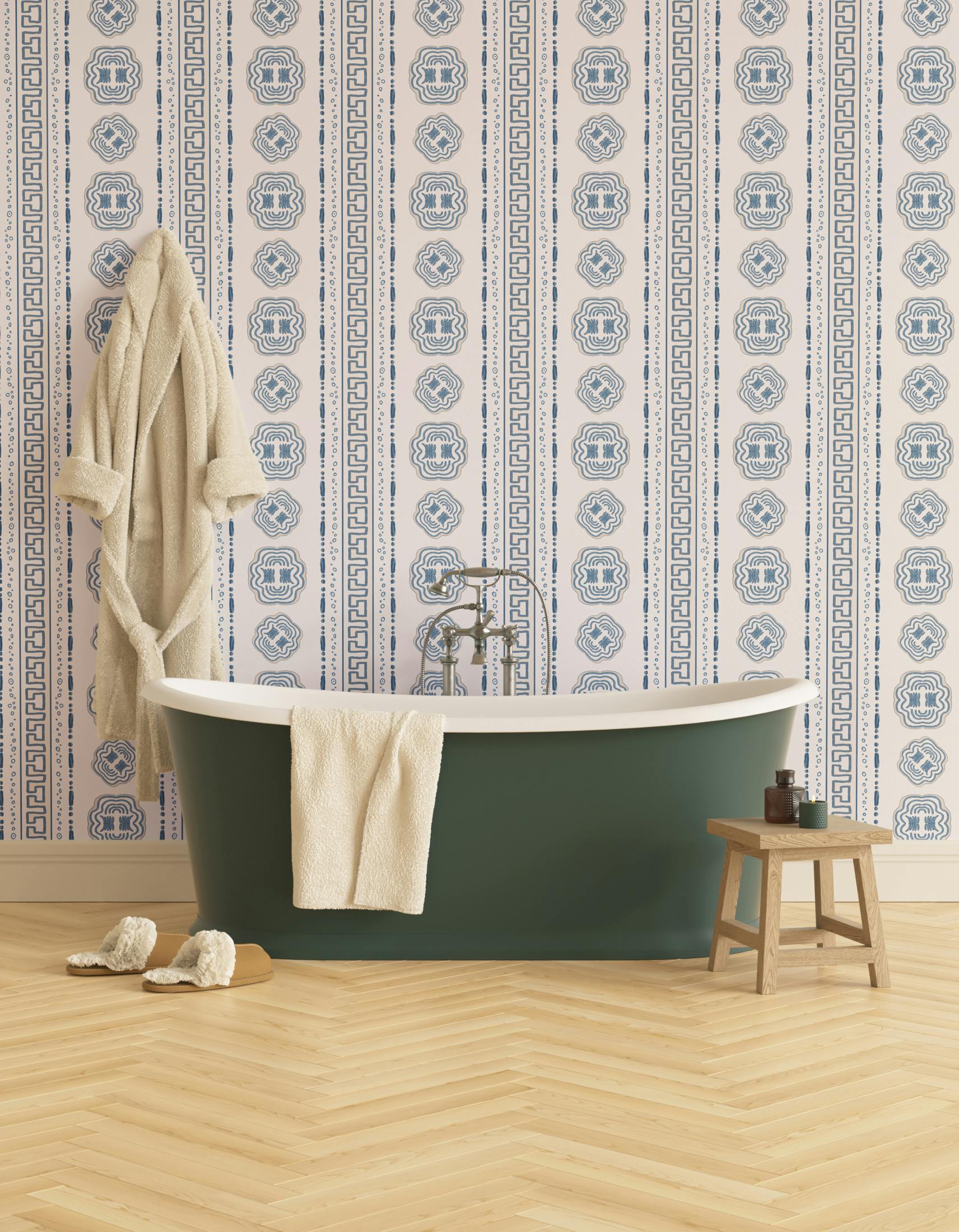Bathroom decorated with Lick x Lottie McDowell Hestia 01 greek patterened wallpaper