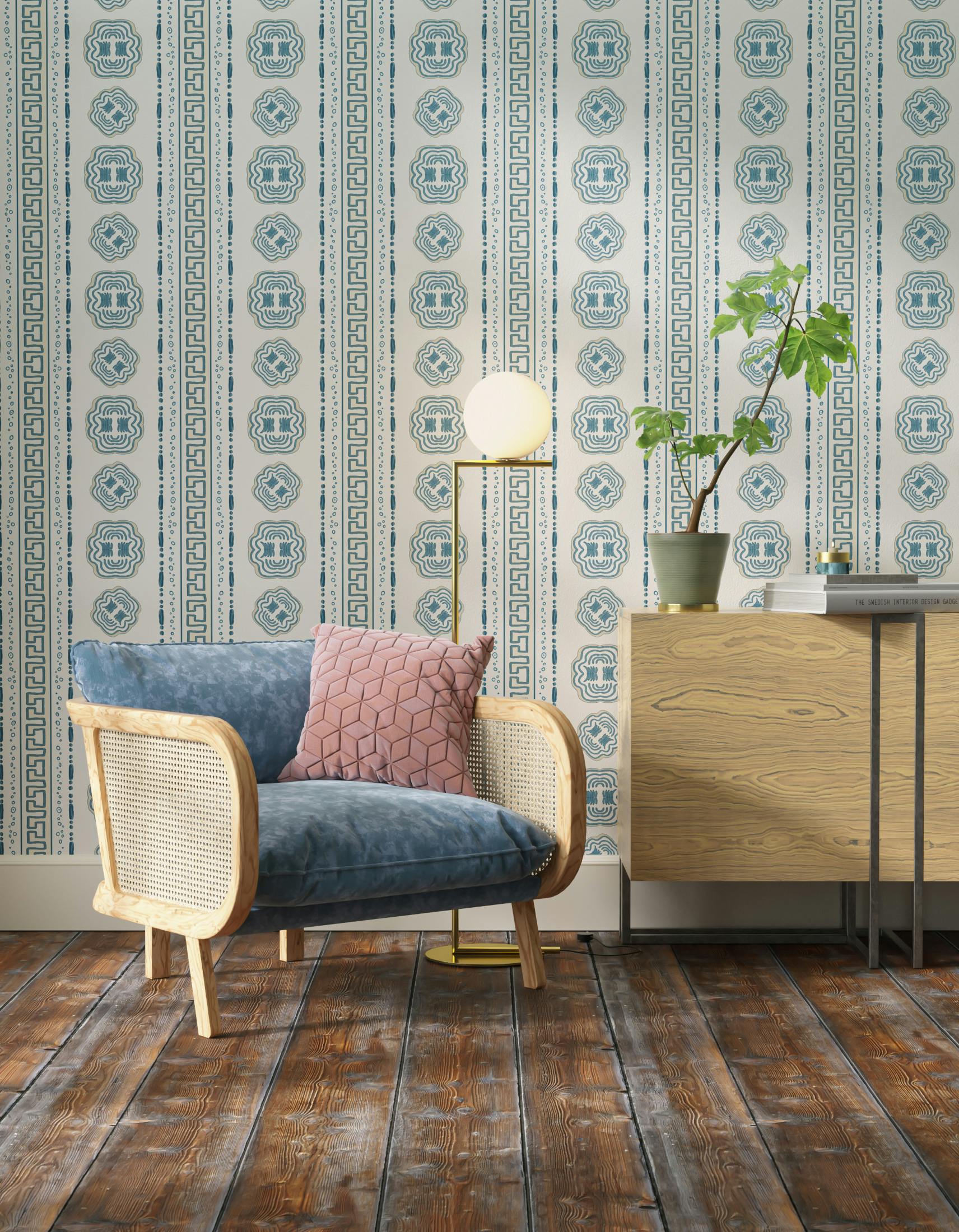 Living room decorated with Lick x Lottie McDowell Hestia 01 greek patterened wallpaper