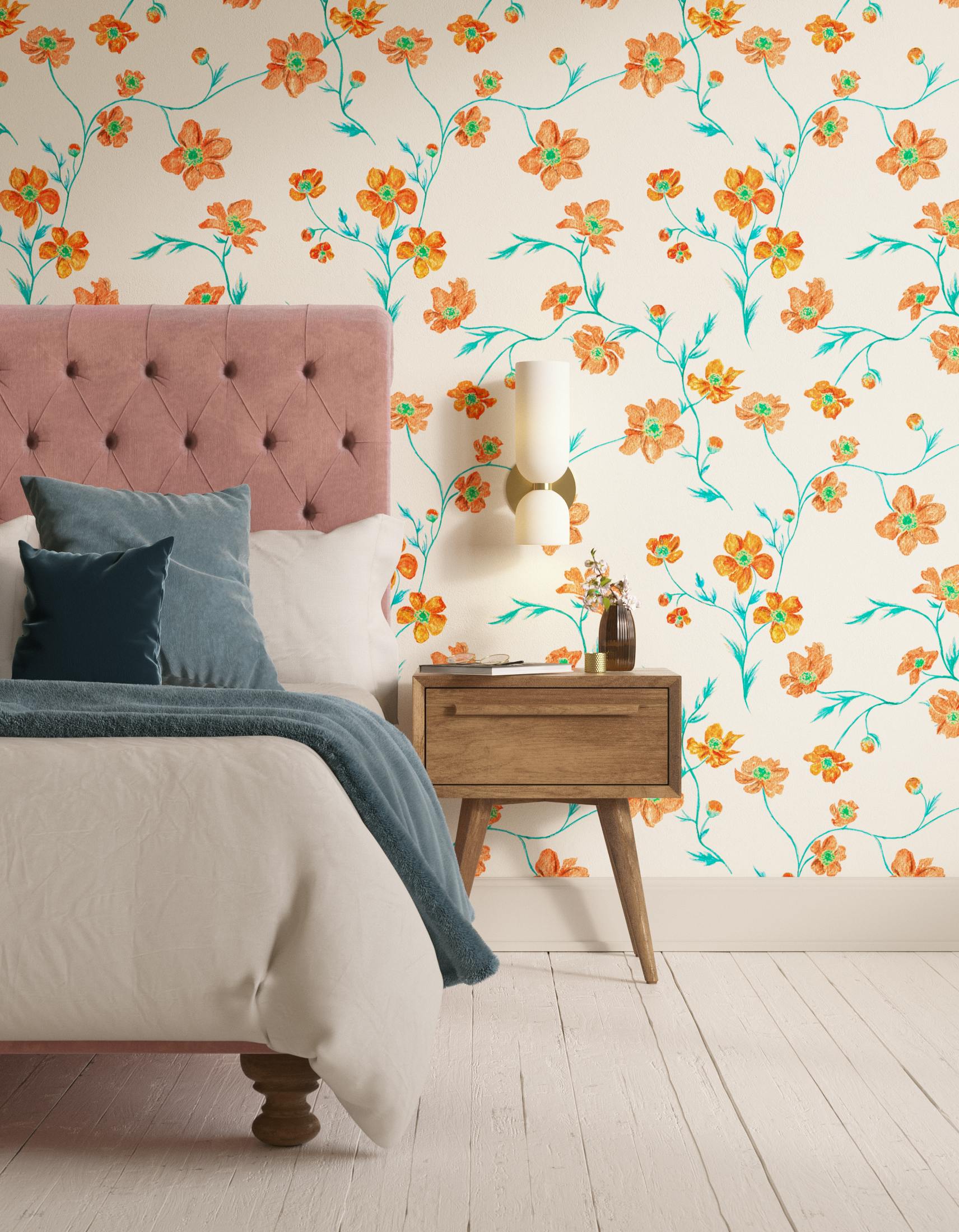 Bedroom decorated with Lick x Jenna Hewitt Anemone 02 orange floral wallpaper