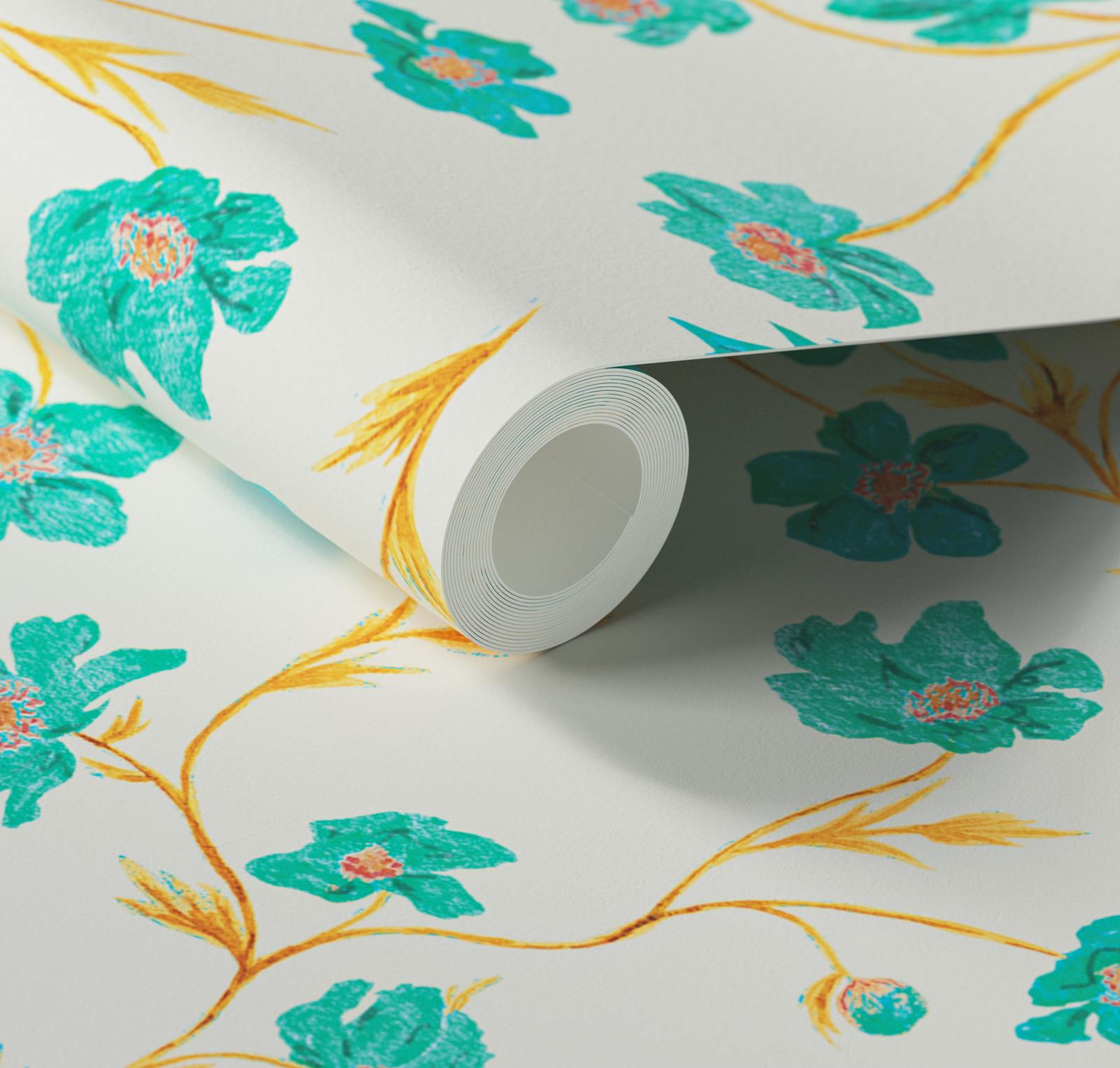 Close up of Lick x Jenna Hewitt Anemone 01 turquoise floral wallpaper