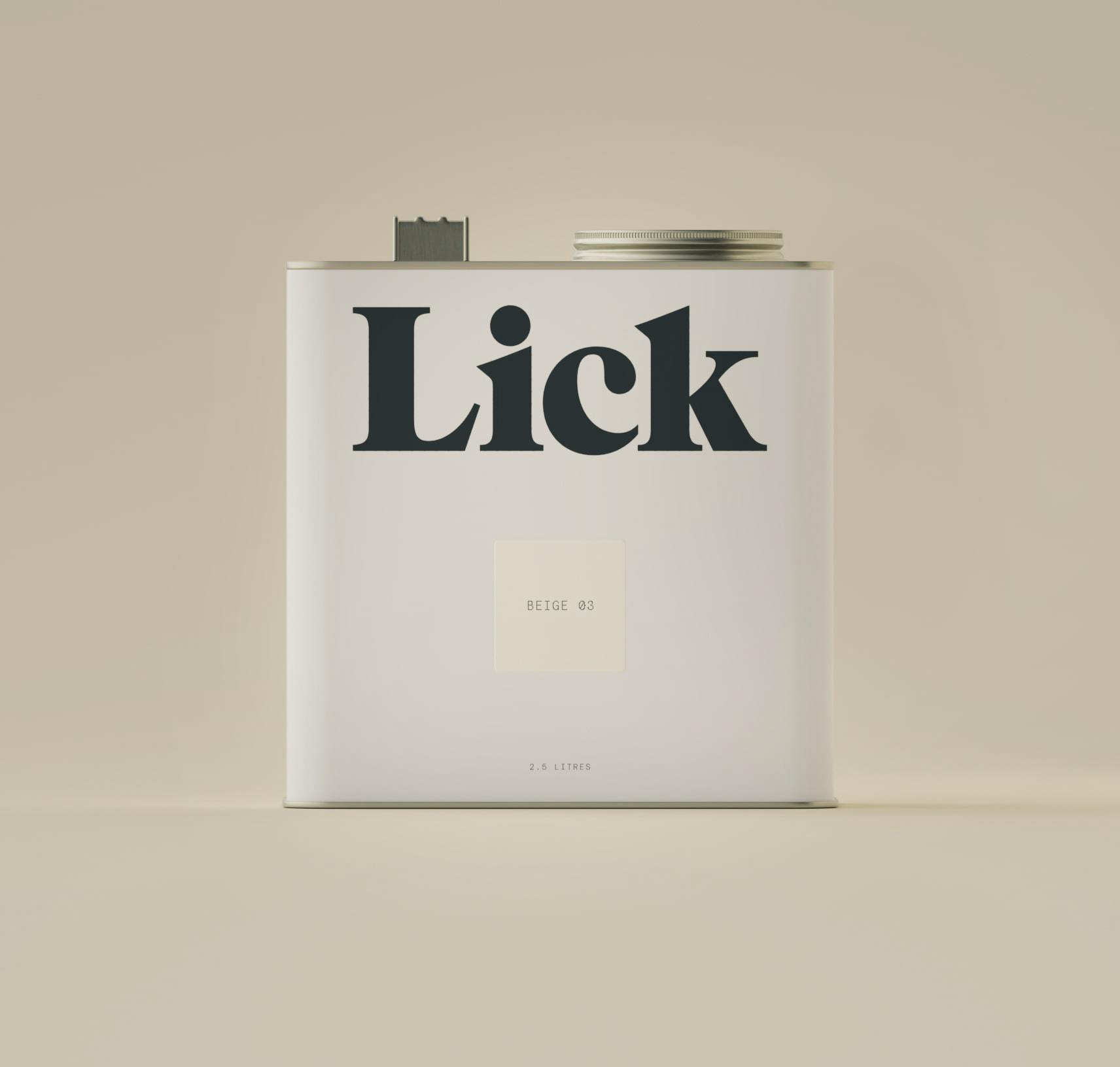 Close of of tin in Lick Beige 03 paint colour