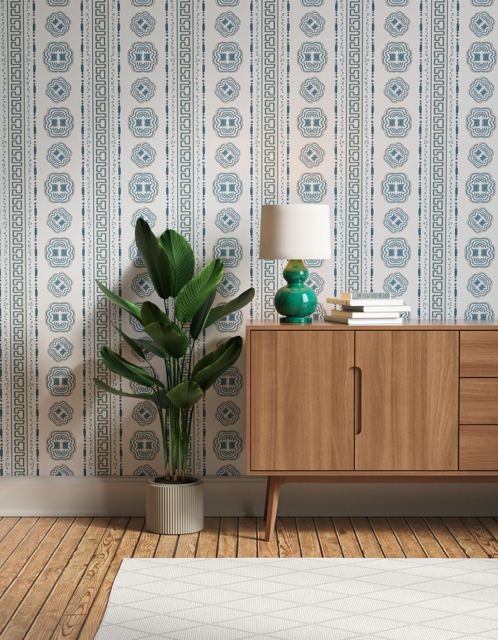 Hallway decorated with Lick x Lottie McDowell Hestia 01 greek patterened wallpaper