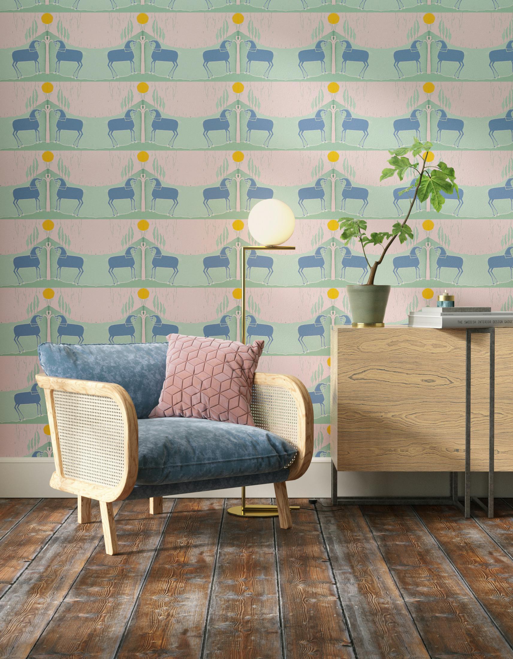 Living room decorated with Lick x Annika Reed Western 03 pink and mint green animal wallpaper