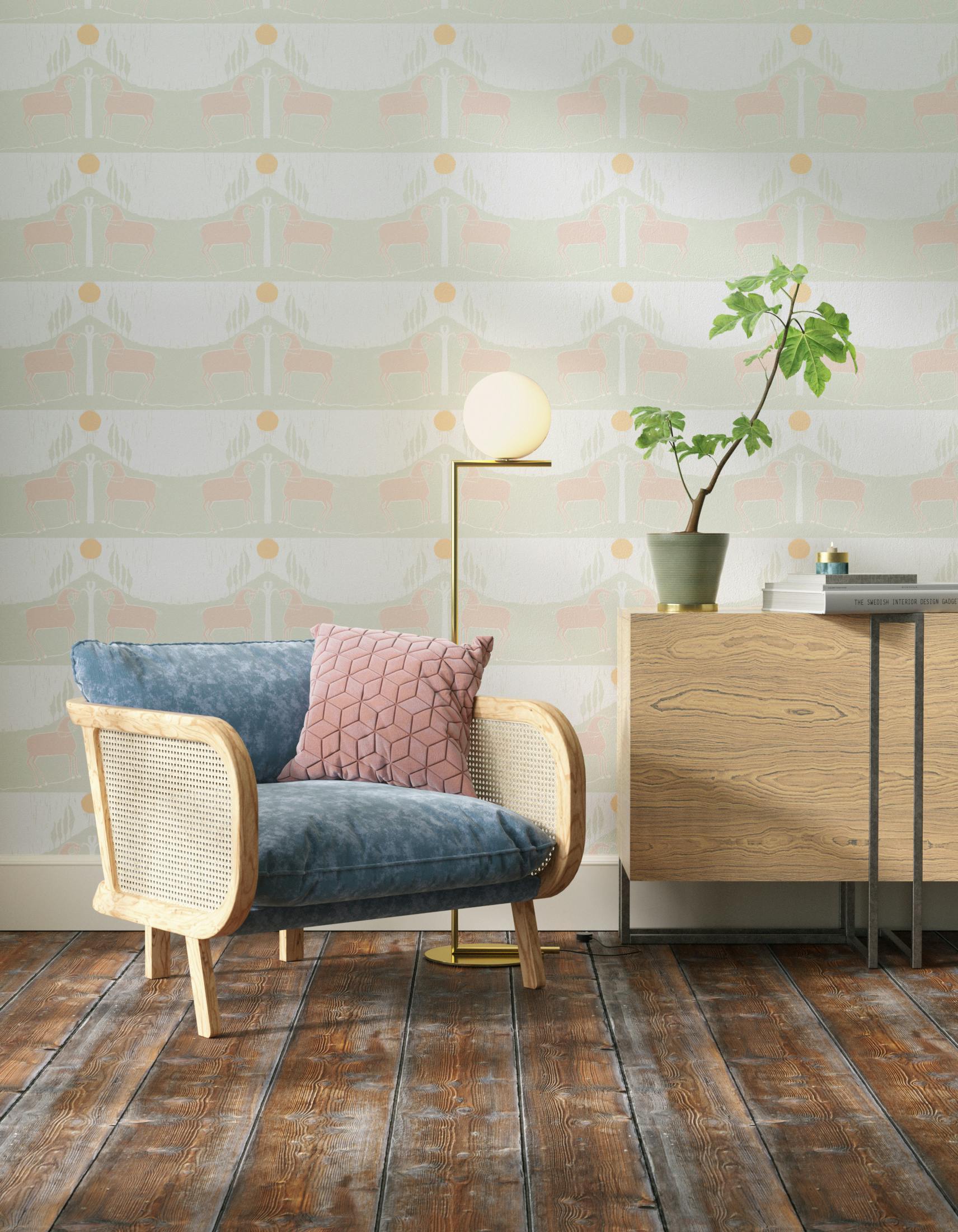 Living room decorated with Lick x Annika Reed Western 02 white and mint green animal wallpaper