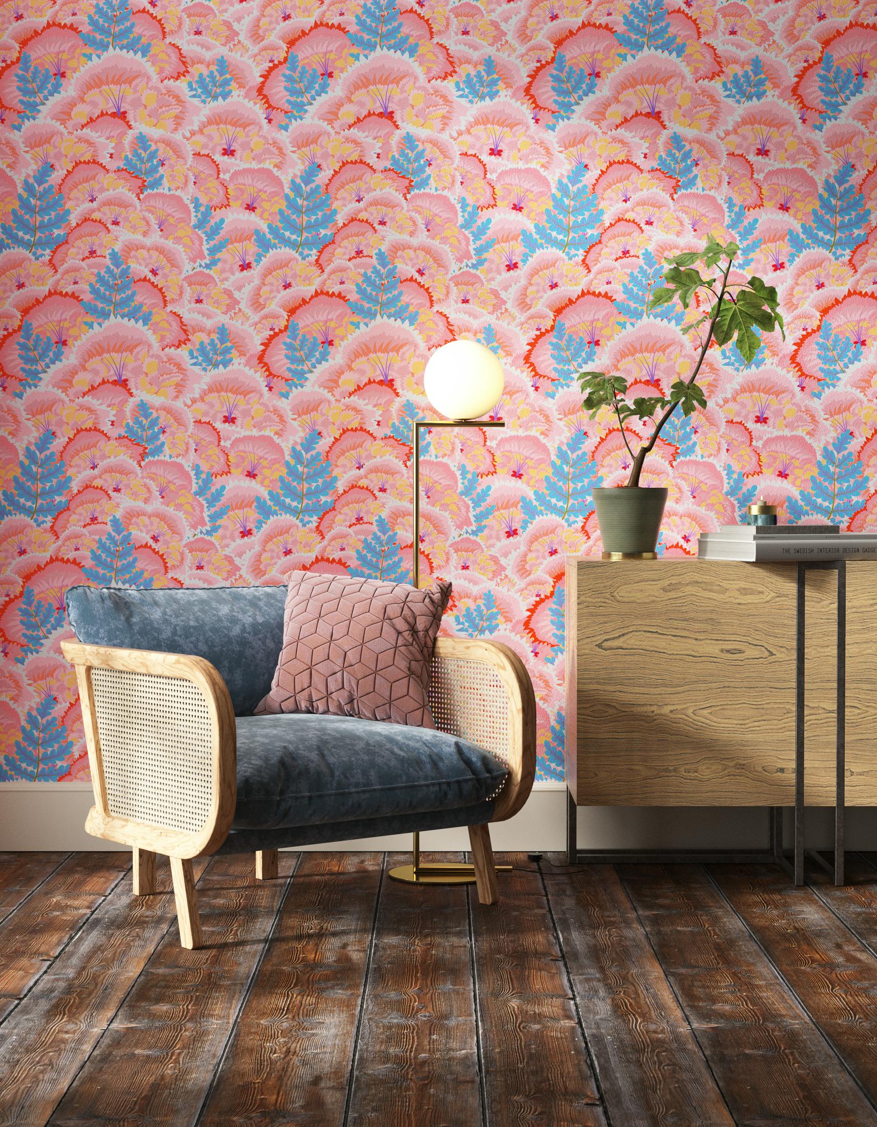 Living room decorated with Lick Electric Poppies 01, a pink floral wallpaper