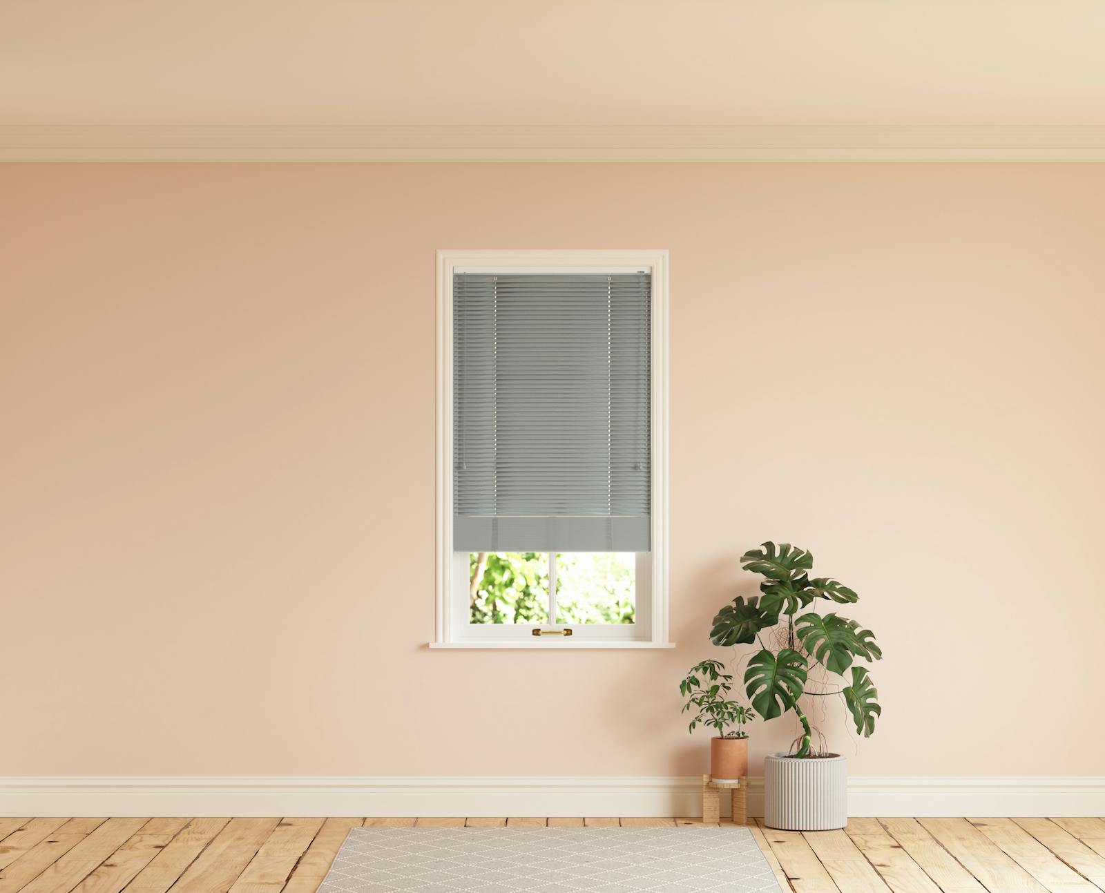 Room with walls painted in Lick Pink 02 and Grey 06 Venetian fine grain blinds
