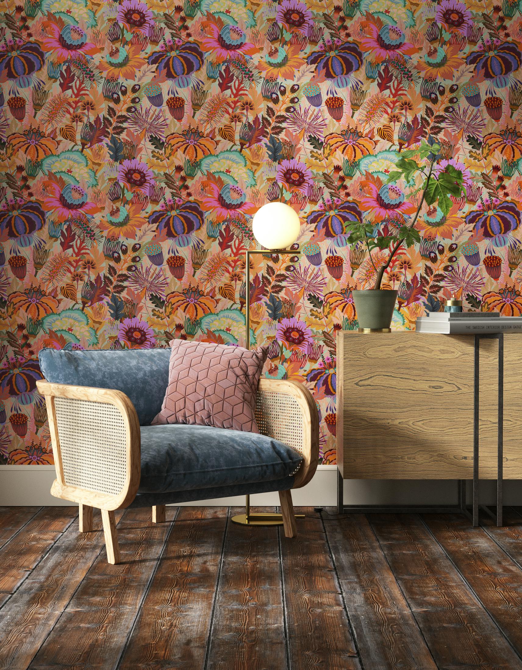 Living room decorated with Lick Mars Meadow 02, an orange floral wallpaper