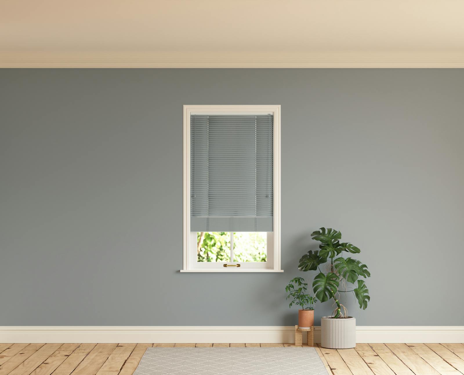 Room with walls painted in Lick Grey 06 and Grey 06 Venetian fine grain blinds
