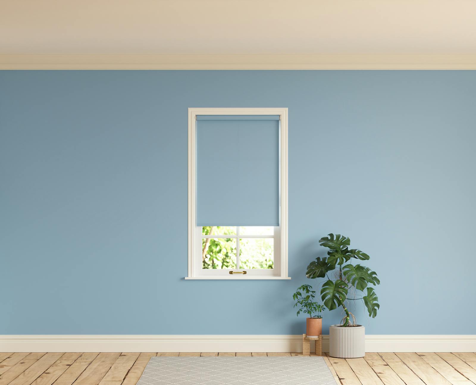 Room with walls painted in Lick Blue 04 and Blue 04 roller blinds
