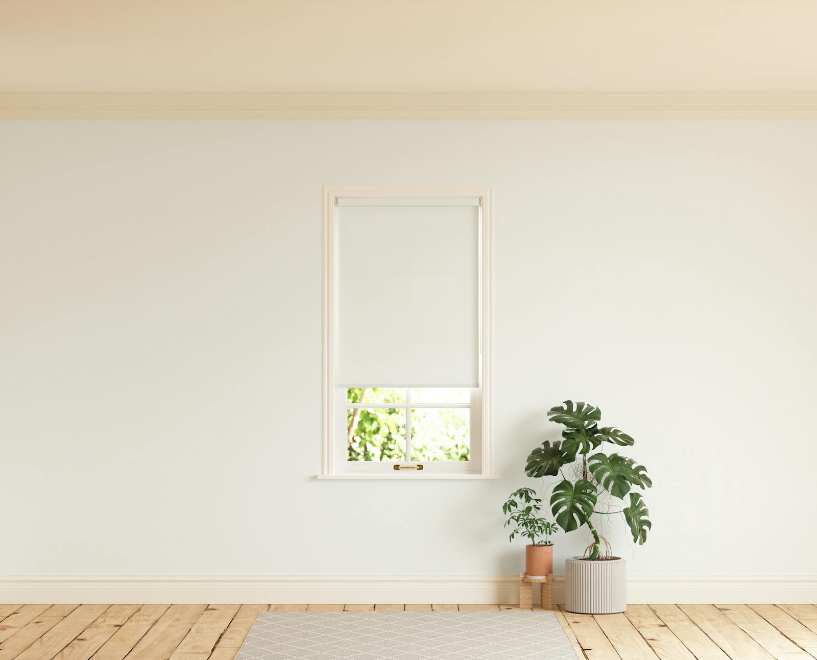 Room with walls painted in Lick White 01 and White 01 roller blinds