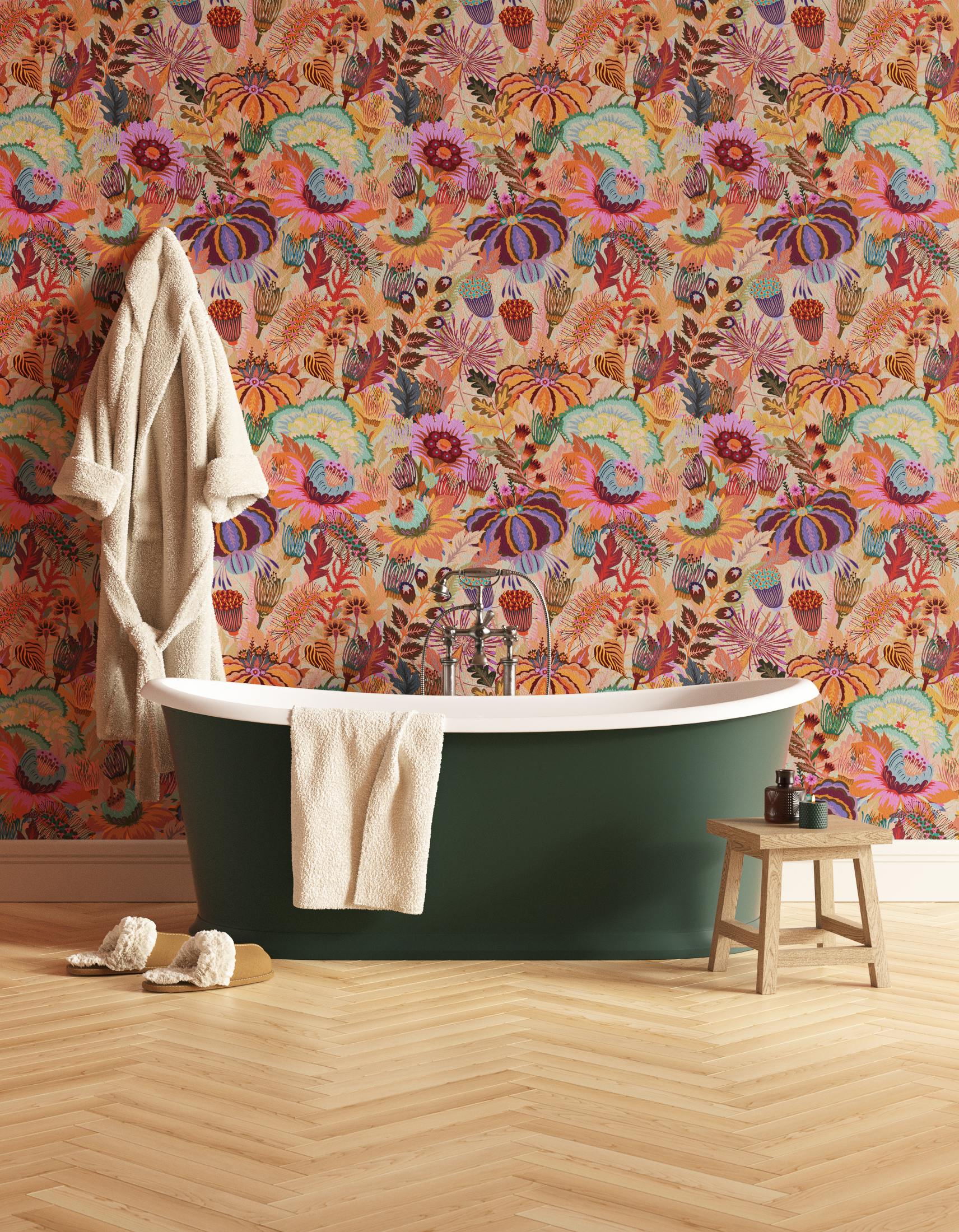 Bathroom decorated with Lick Mars Meadow 02, a orange floral wallpaper