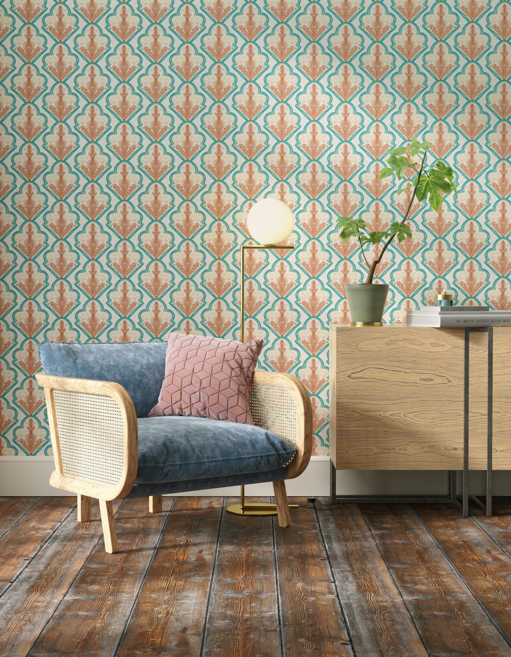 Living room decorated with Lick x Lottie McDowell Travelling Tiles 01 mosaic wallpaper