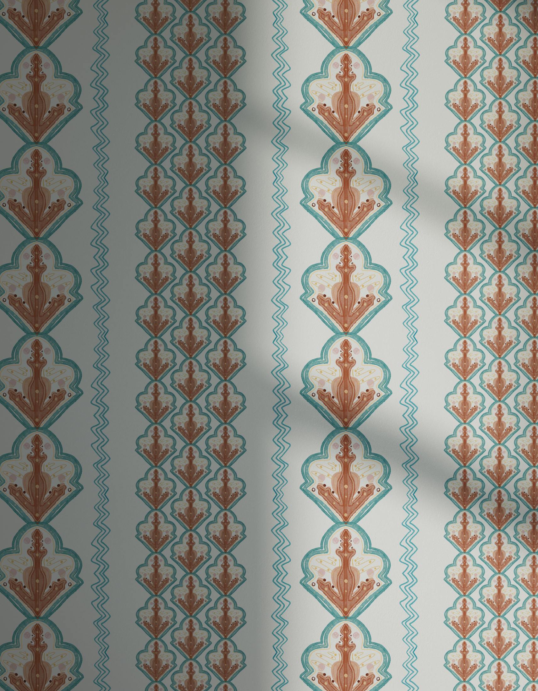 Lick x Lottie McDowell Travelling Tiles 02 orange patterned mosaic wallpaper with shadow