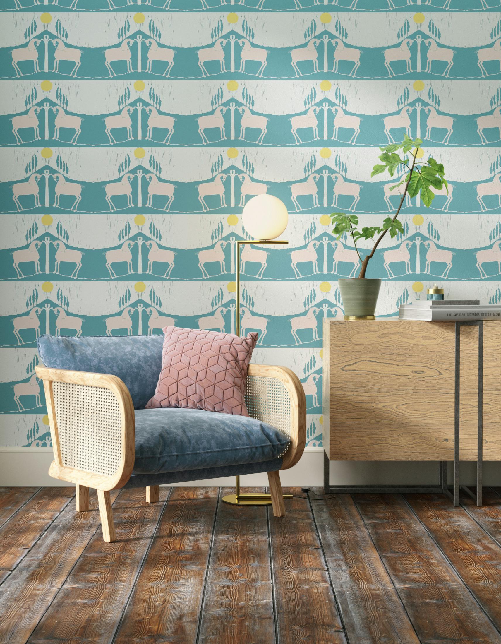 Living room decorated with Lick x Annika Reed Western 01 teal and yellow animal wallpaper